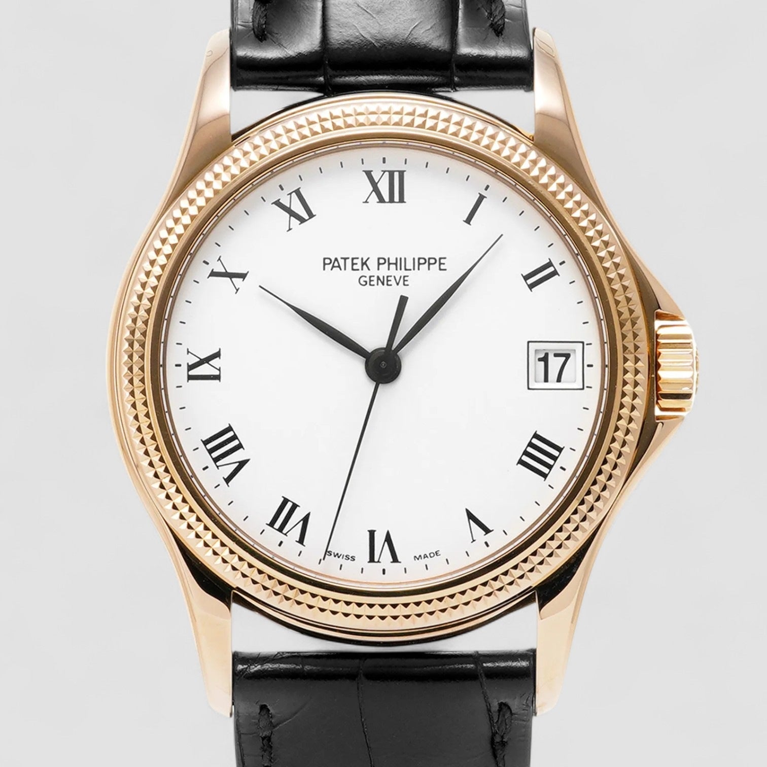 Calatrava 18K Rose Gold White Roman Hobnail