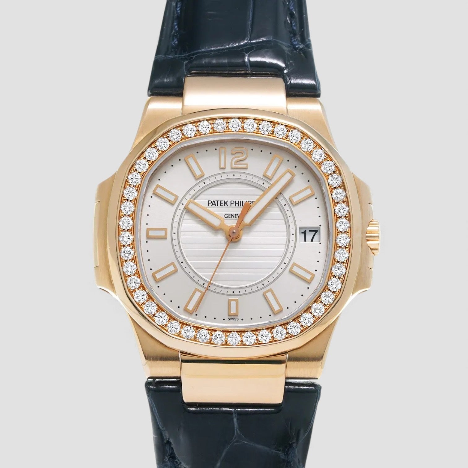 Nautilus White Dial Black Leather Strap Ladies Watch