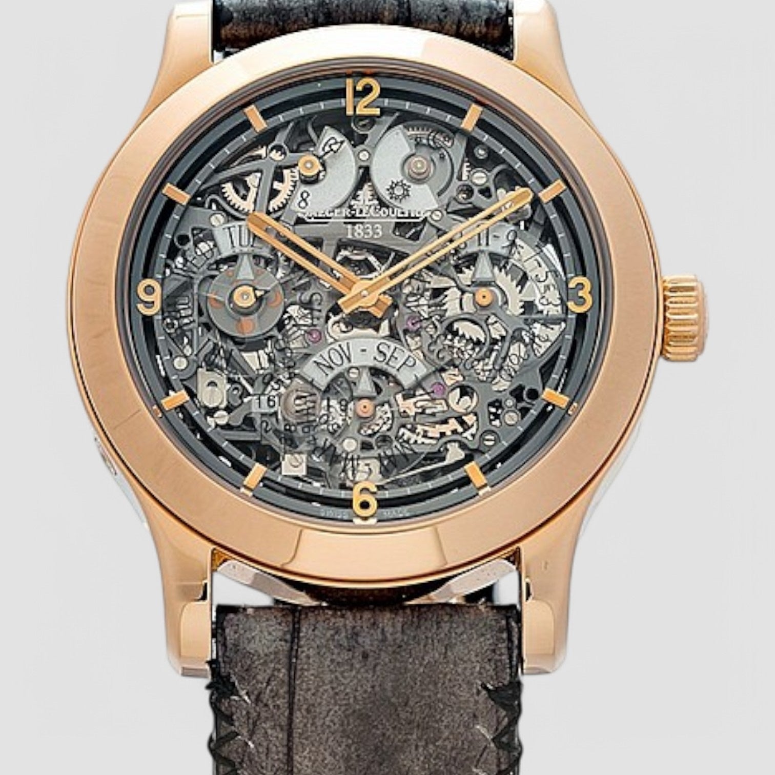 Master Control Eight Days Skeleton Dial 18kt Rose Gold Brown Leather Men's Watch