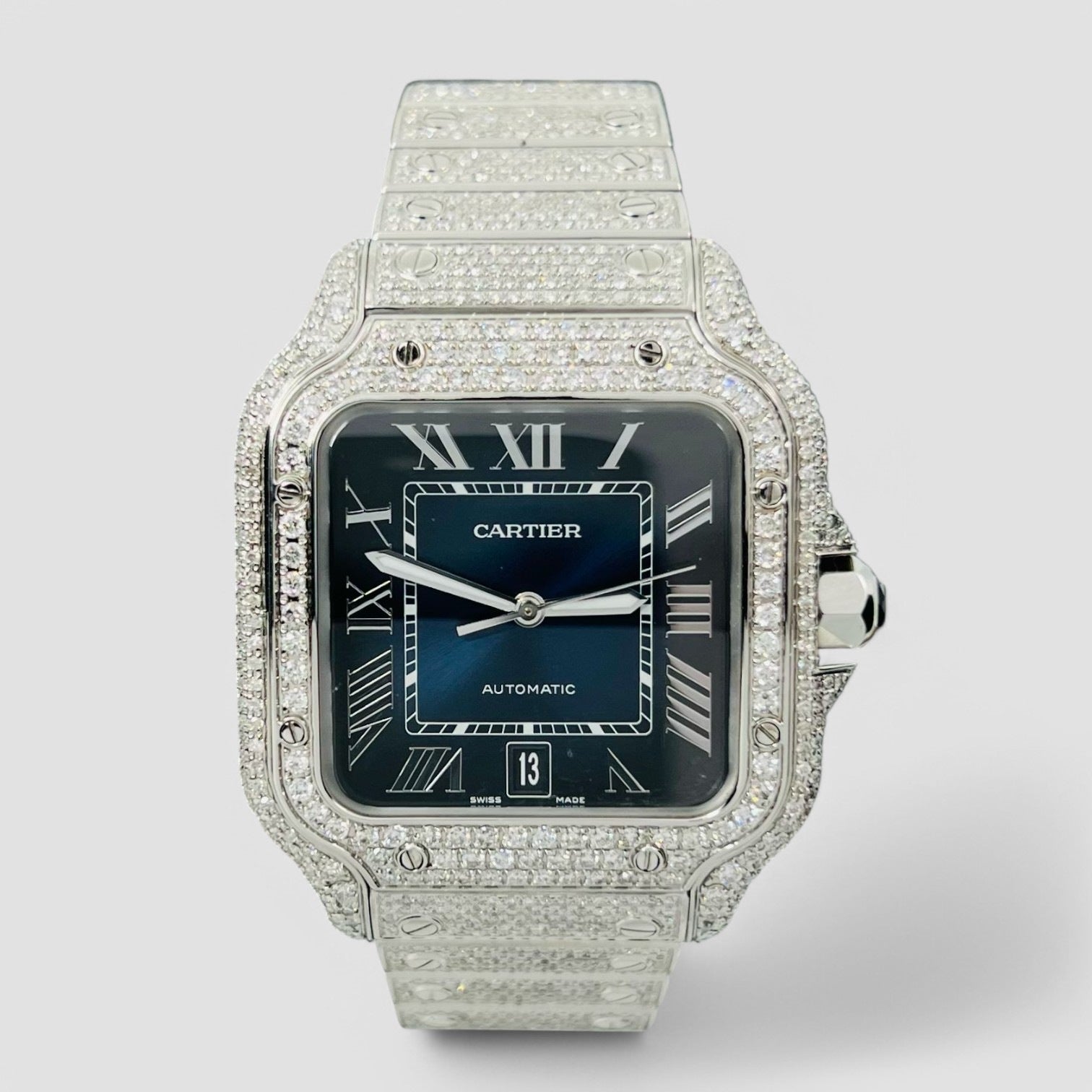Santos De Cartier Iced Out Diamond – Roman Blue Dial