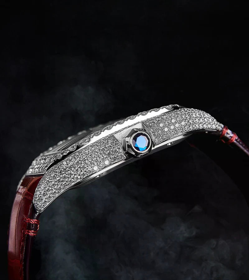 Santos Large – Steel – Custom Diamond-Set with Red Alligator Bracelet Iced Out