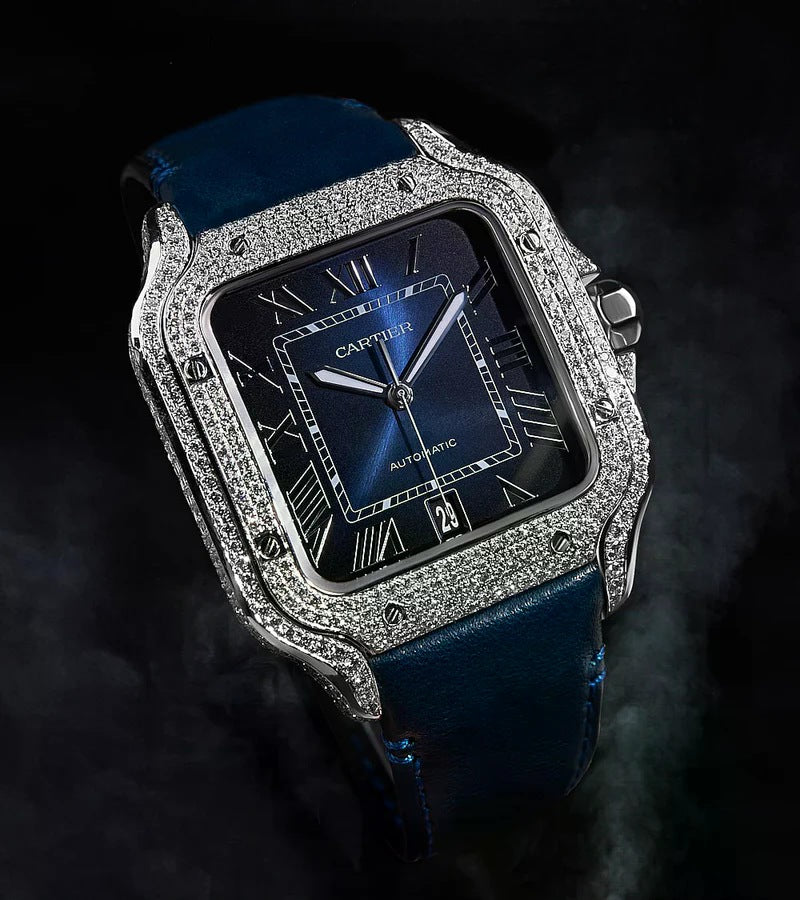 Santos De Cartier Iced Out Diamond – Roman Blue Dial