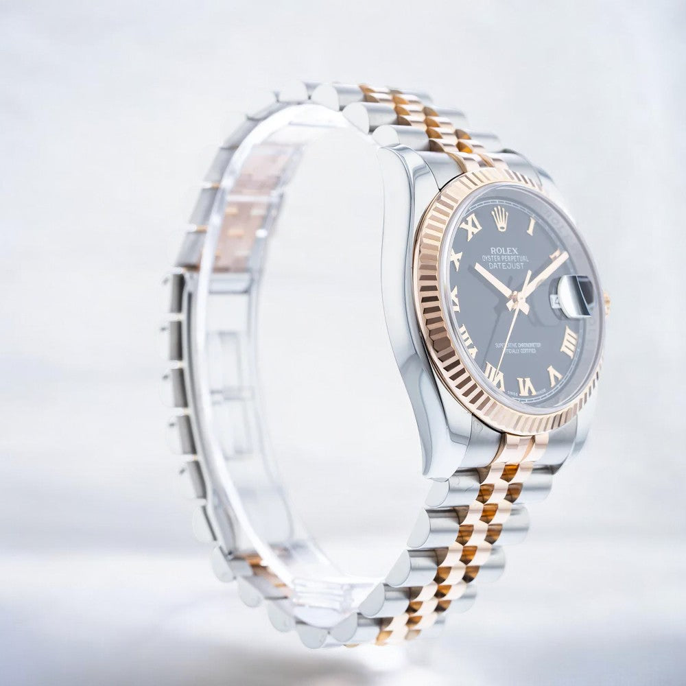 Datejust 36mm Everose Gold & Steel Black Roman Dial and Fluted Bezel