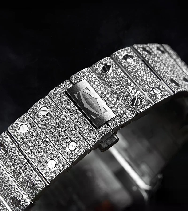 Santos Large – Custom Diamond-Set with White Roman Dial – Blue Sword Hands Iced Out