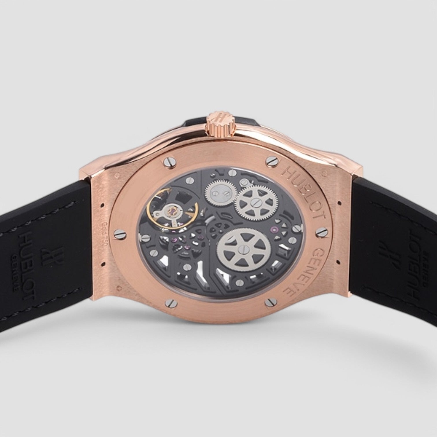 Classic Fusion 18kt Rose Gold Hand Wind Skeleton Dial Black Leather Men's Watch