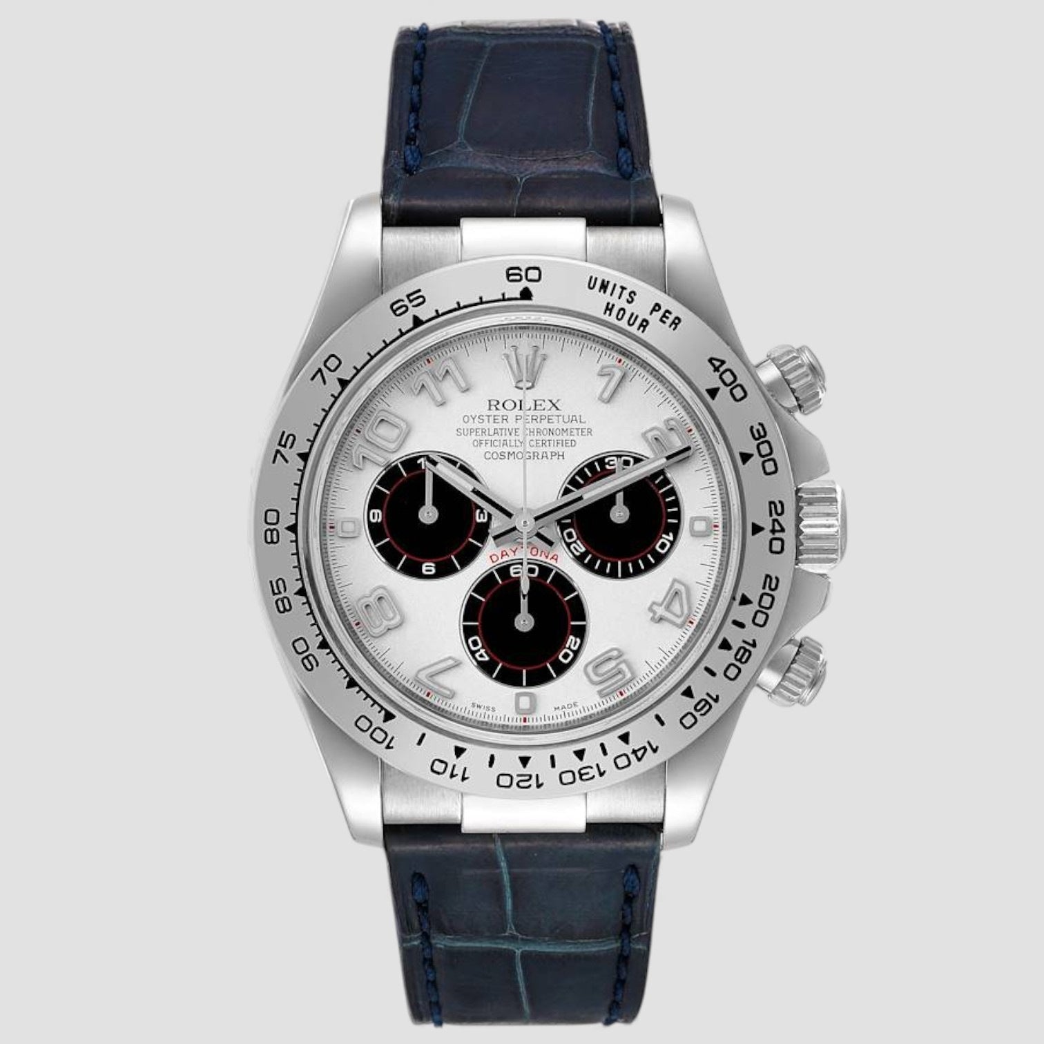 Daytona White Gold Blue Strap Chronograph Mens Watch