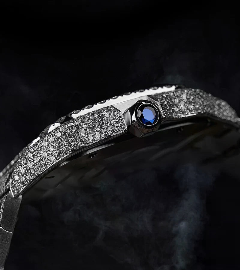 Santos Large – Custom Diamond-Set with White Roman Dial – Blue Sword Hands Iced Out
