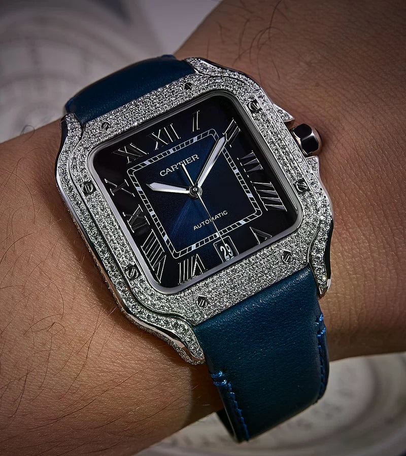 Santos De Cartier Iced Out Diamond – Roman Blue Dial
