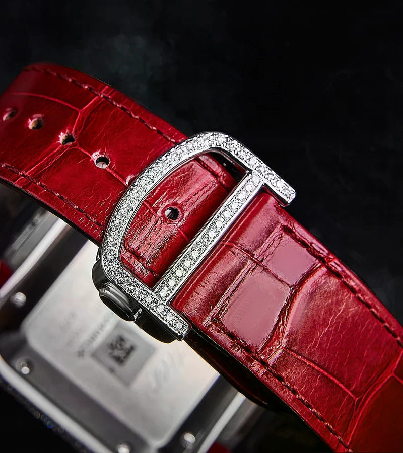 Santos Large – Steel – Custom Diamond-Set with Red Alligator Bracelet Iced Out
