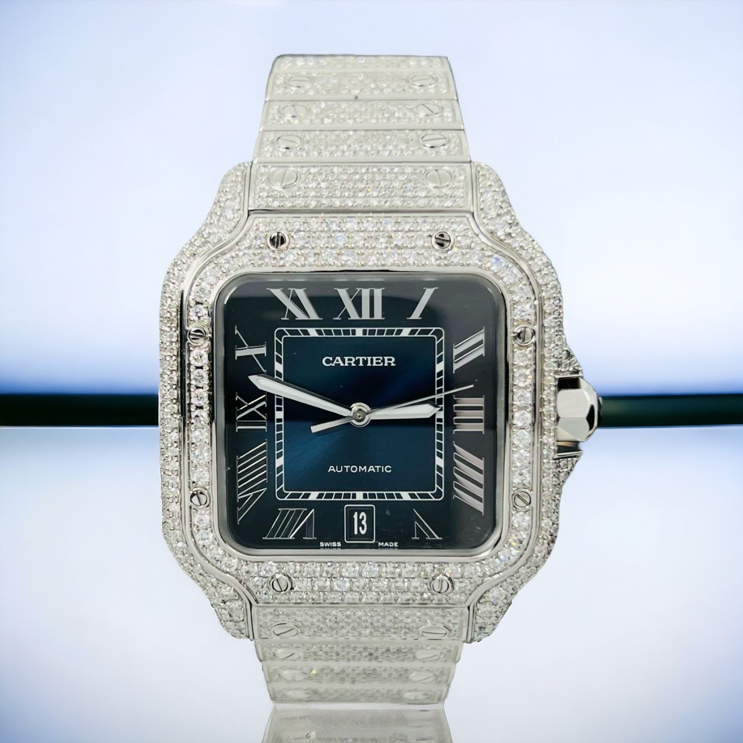 Santos De Cartier Iced Out Diamond – Roman Blue Dial