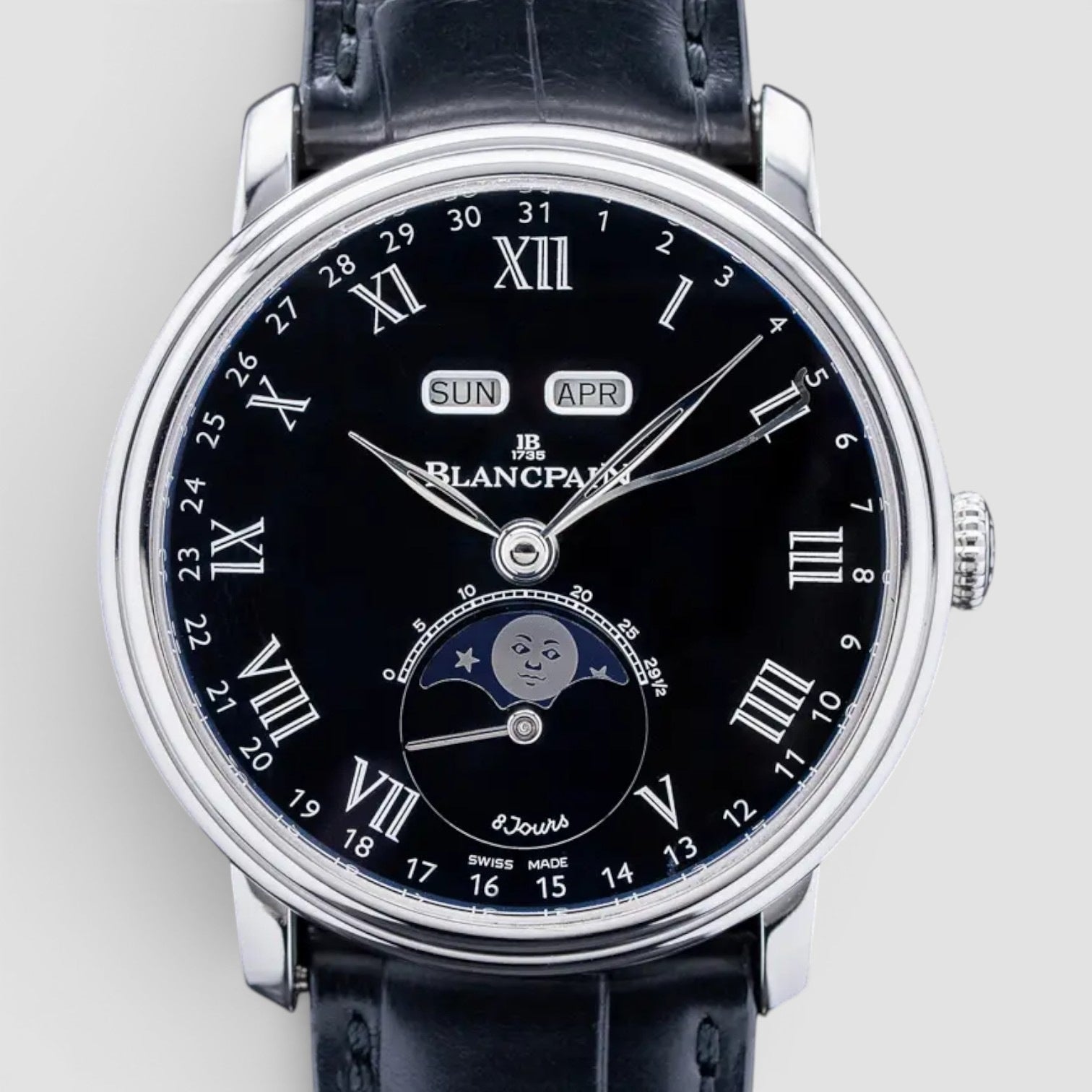 Villeret Quantième Complet 8 Jours Platinum Black Dial
