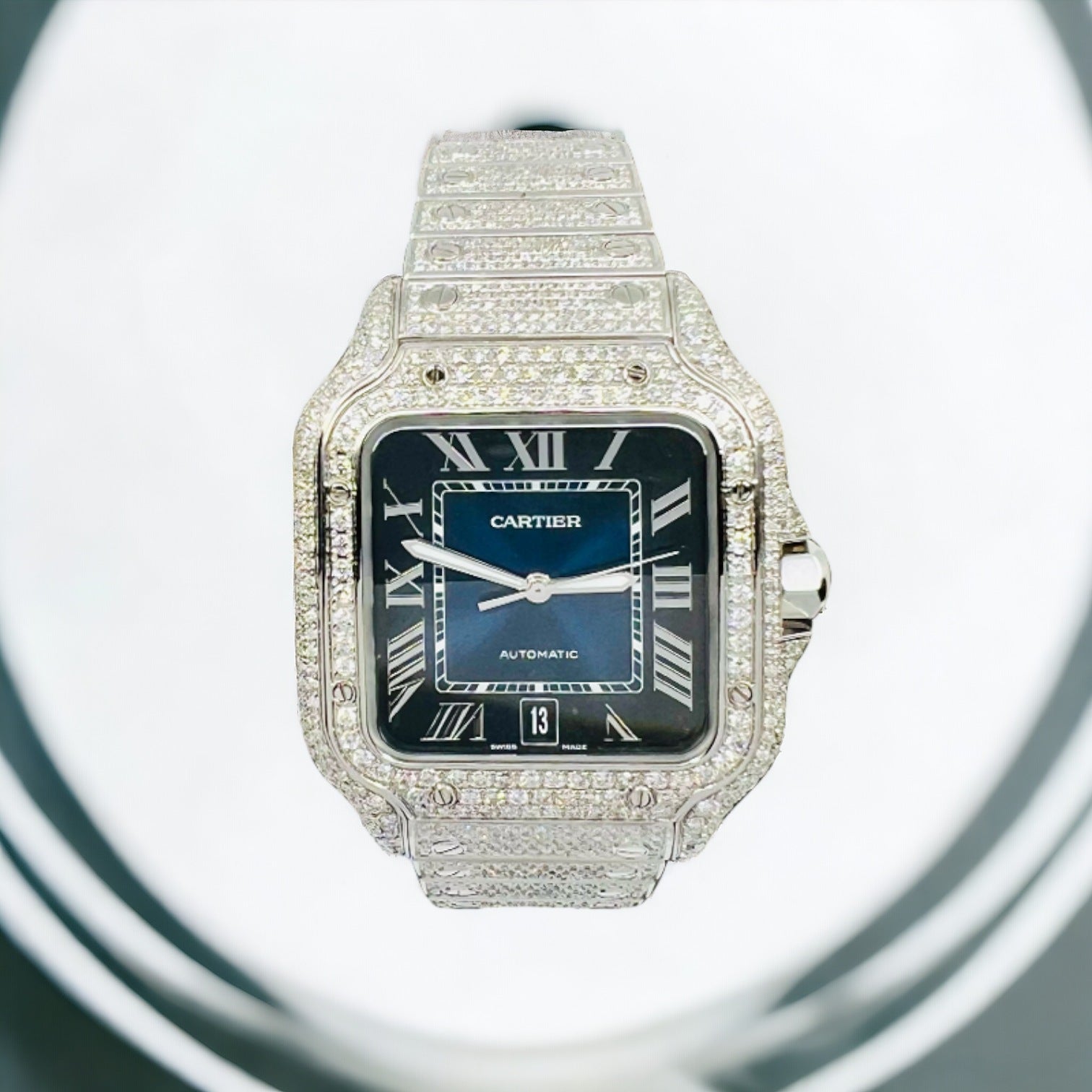 Santos De Cartier Iced Out Diamond – Roman Blue Dial
