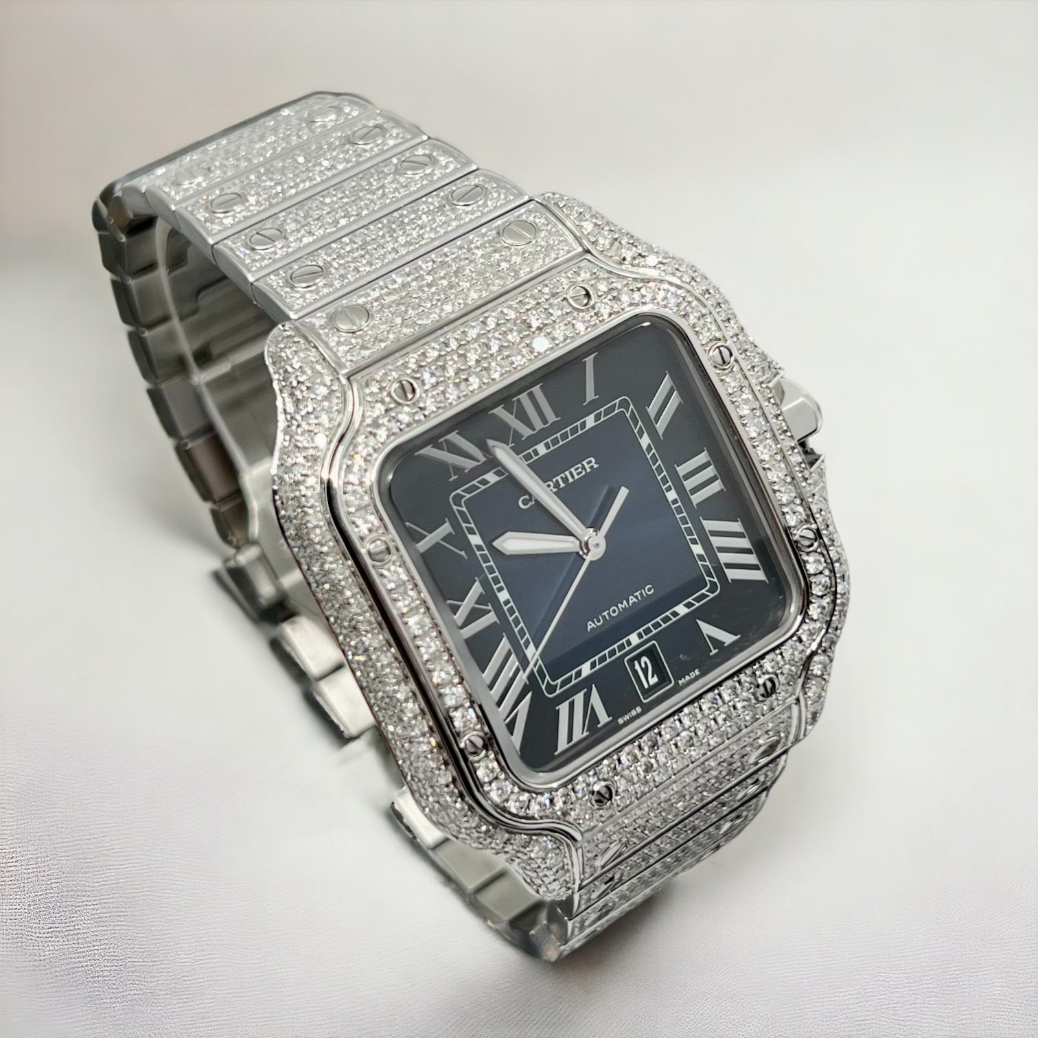 Santos De Cartier Iced Out Diamond – Roman Blue Dial