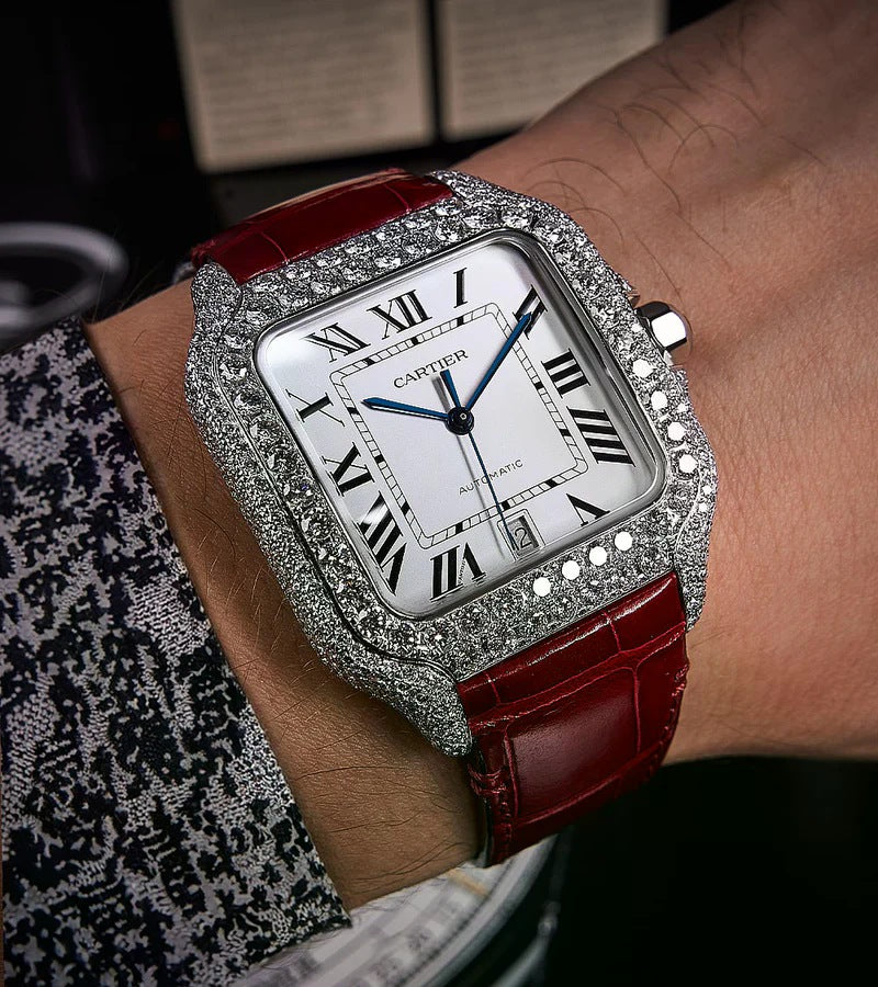 Santos Large – Steel – Custom Diamond-Set with Red Alligator Bracelet Iced Out