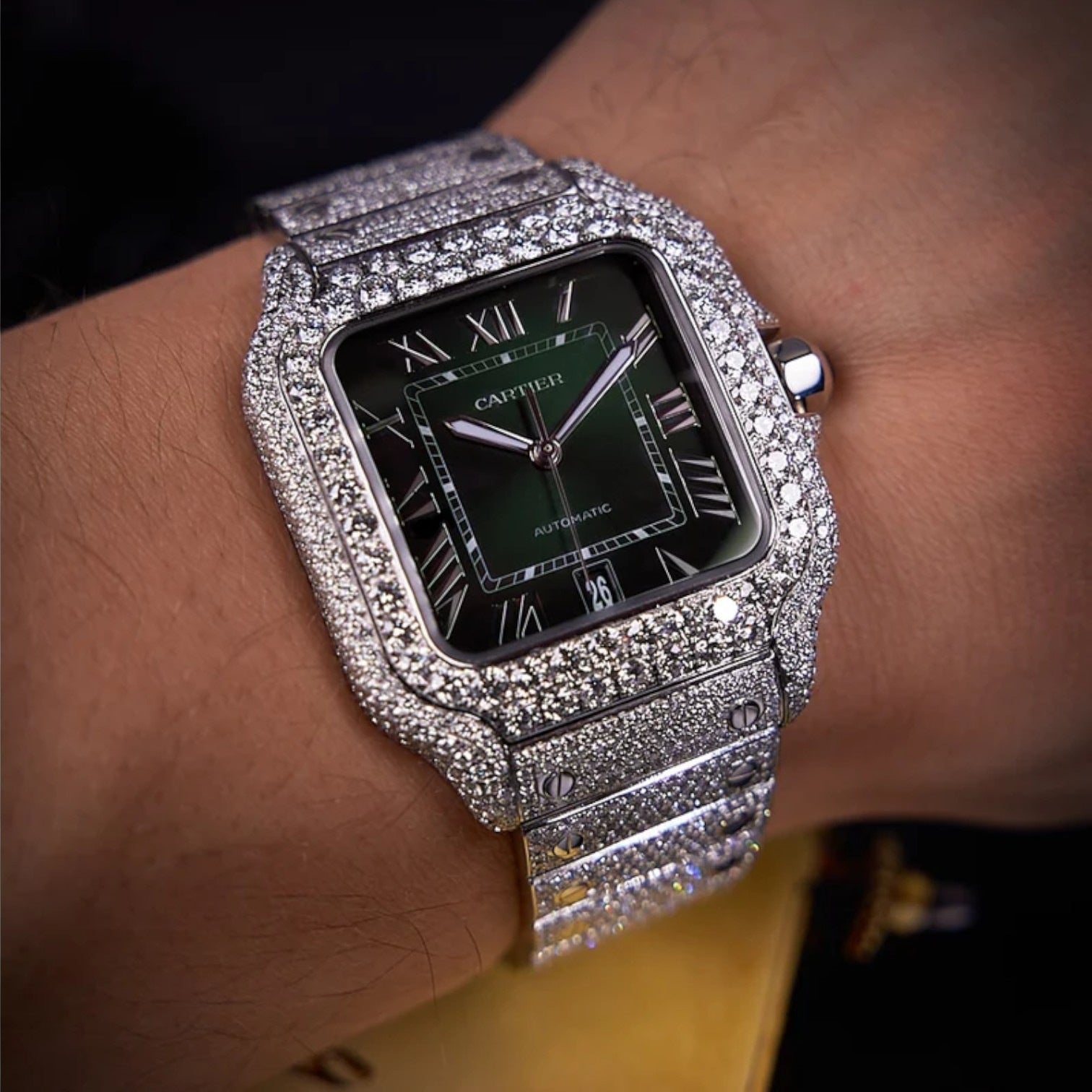 Santos Large – Steel – Custom Diamond-Set with Green Dial Iced Out