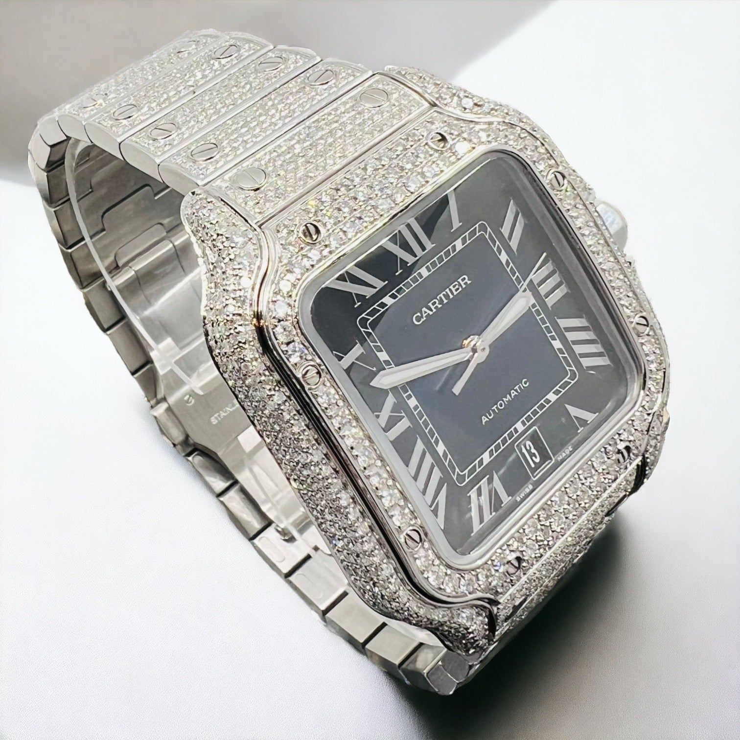 Santos De Cartier Iced Out Diamond – Roman Blue Dial