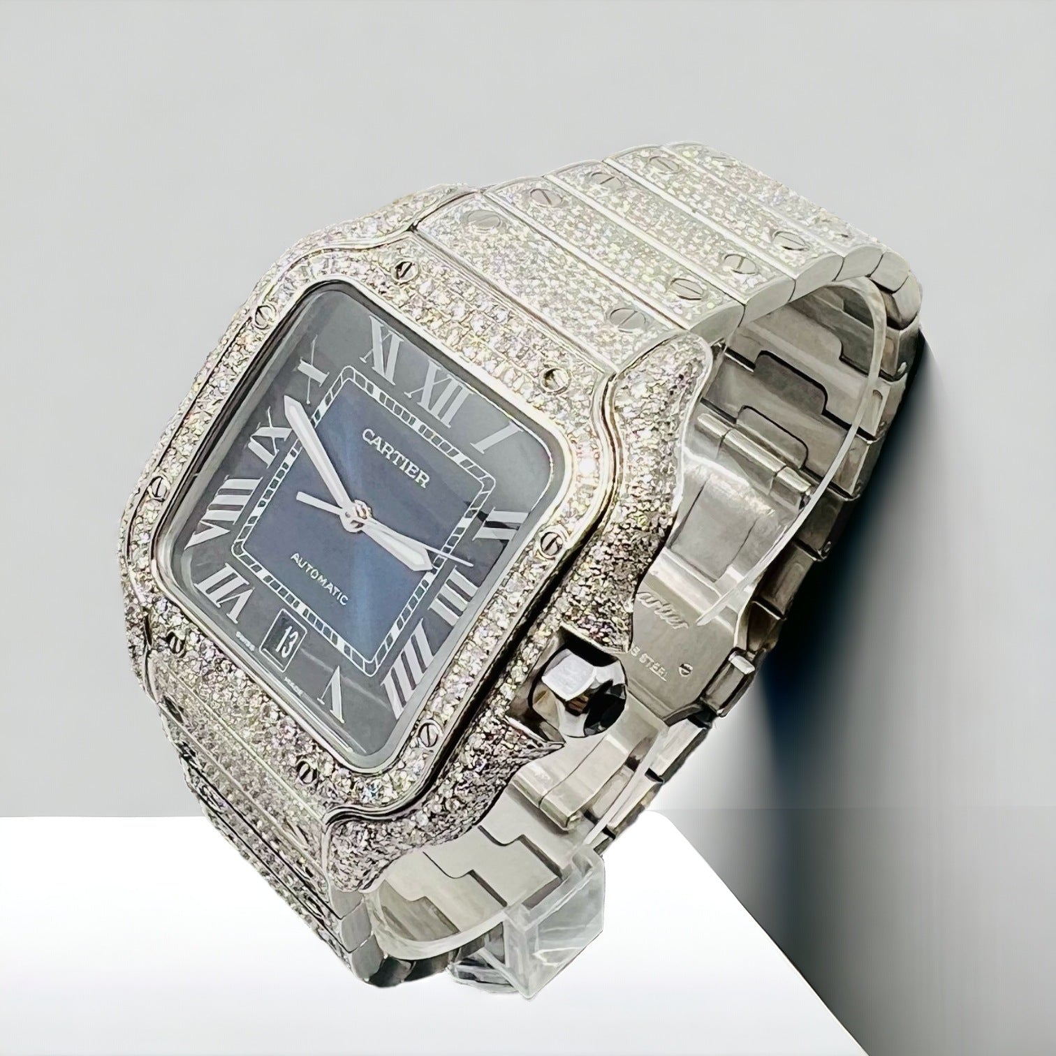 Santos De Cartier Iced Out Diamond – Roman Blue Dial