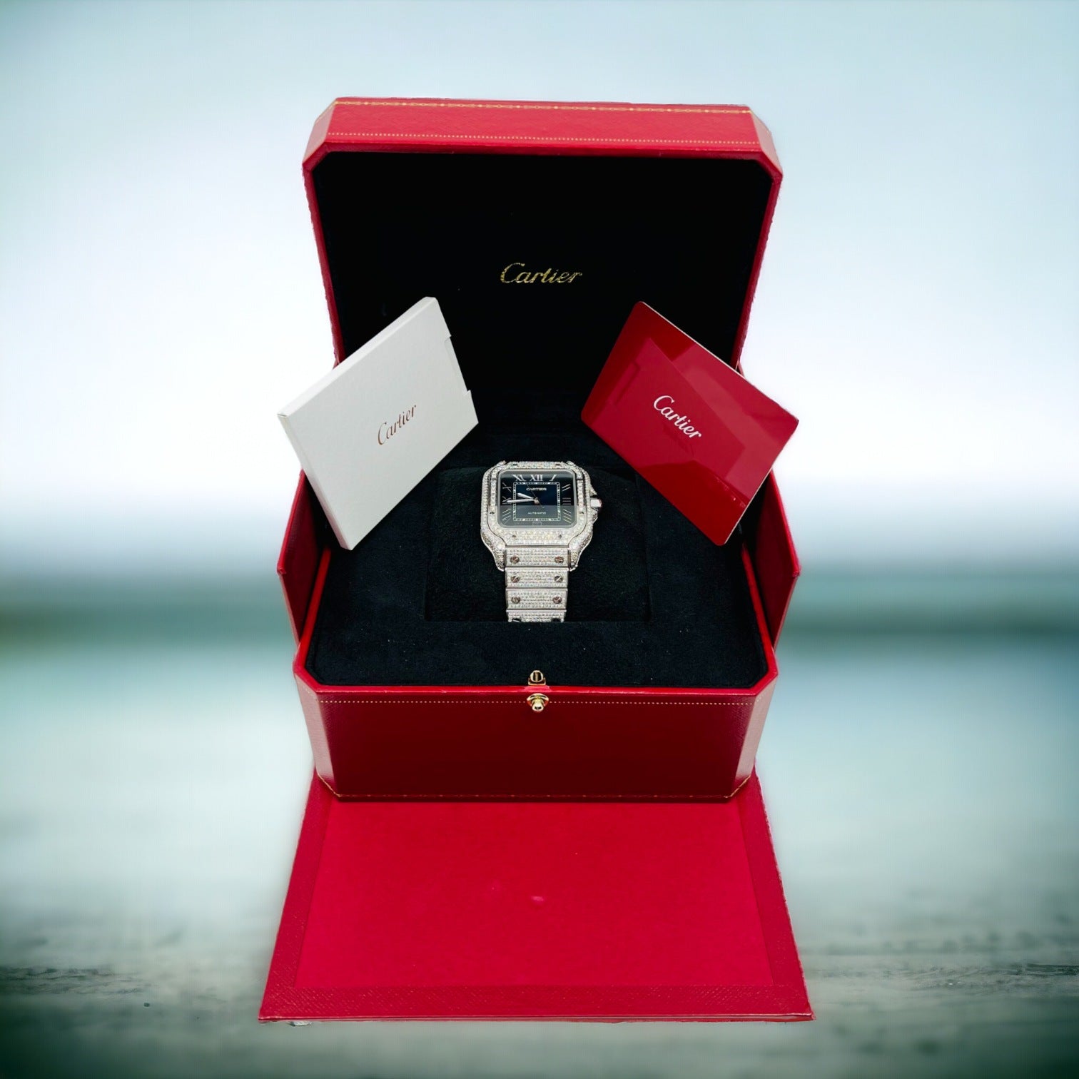 Santos De Cartier Iced Out Diamond – Roman Blue Dial