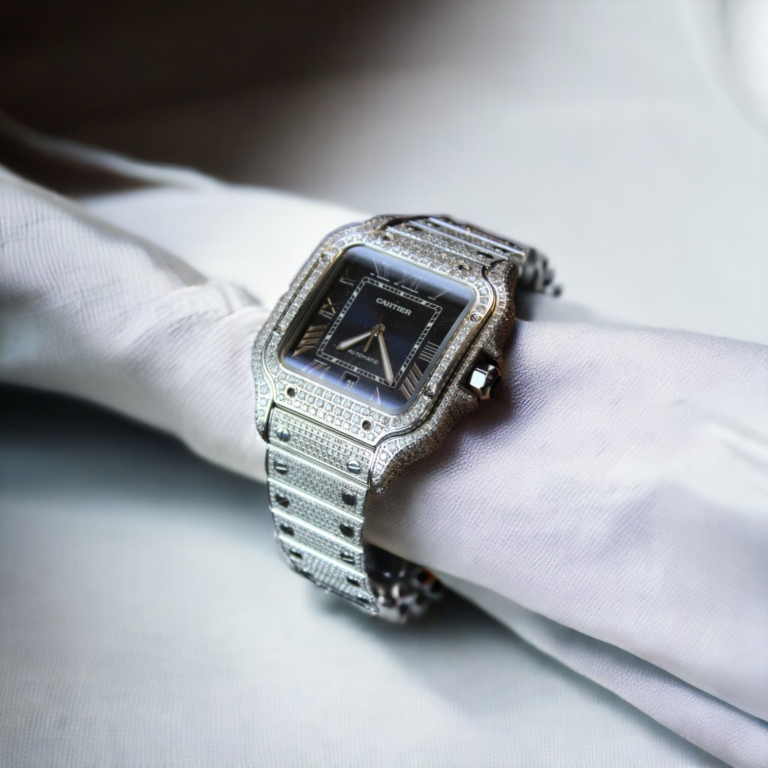 Santos De Cartier Iced Out Diamond – Roman Blue Dial