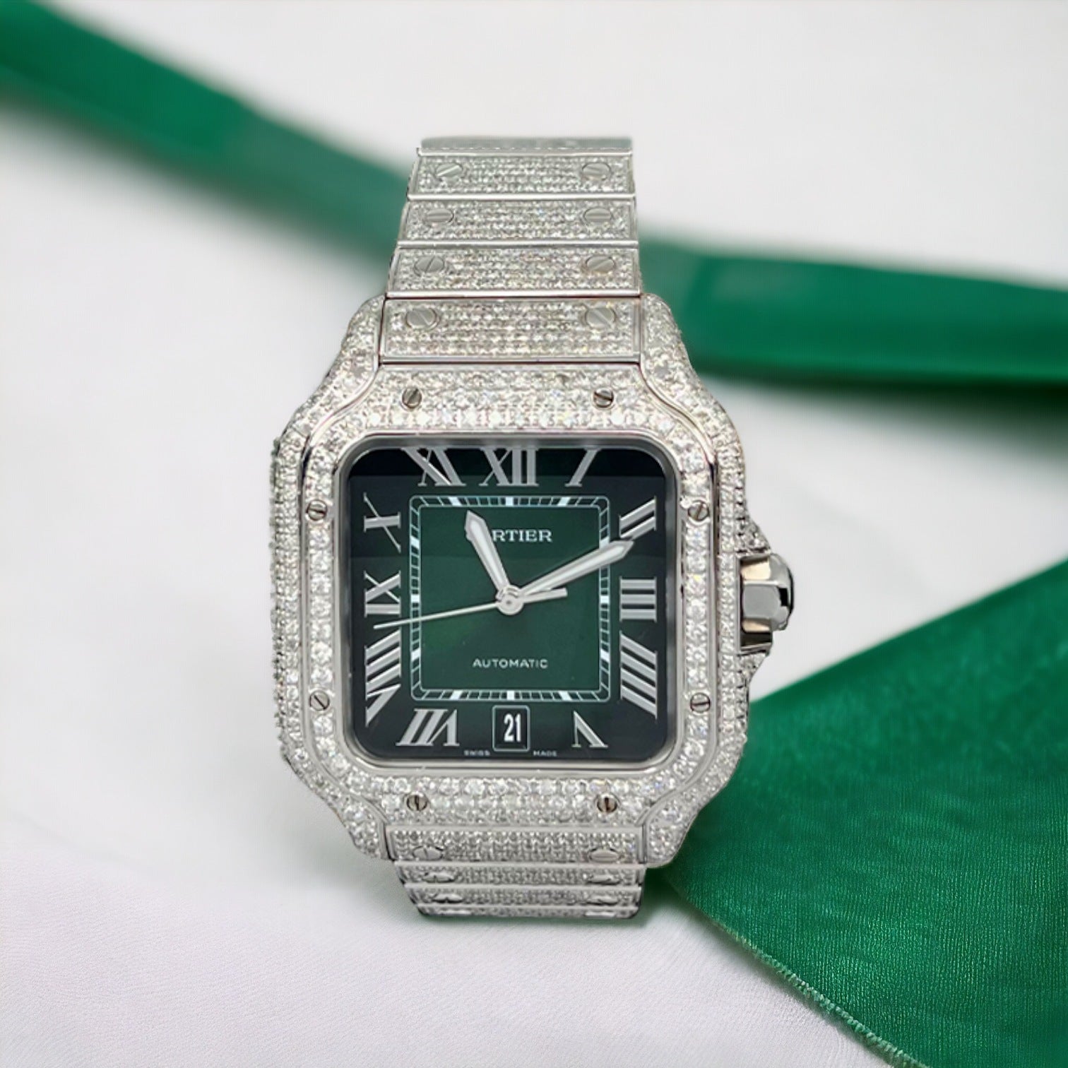 Santos De Cartier Iced Out Diamond – Roman Green Dial