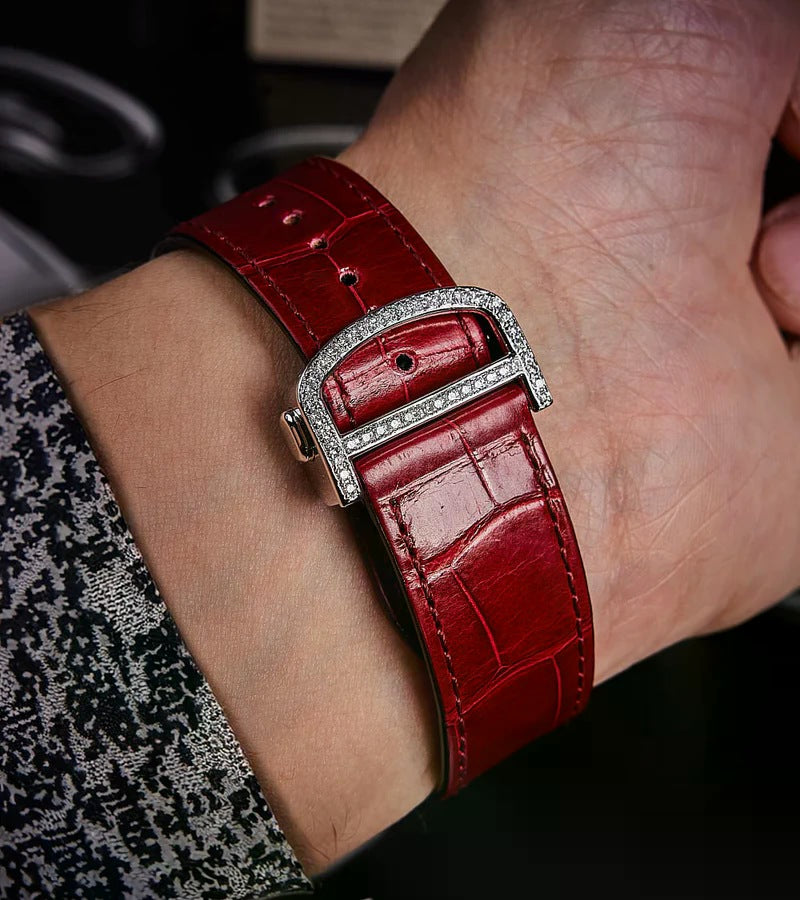 Santos Large – Steel – Custom Diamond-Set with Red Alligator Bracelet Iced Out