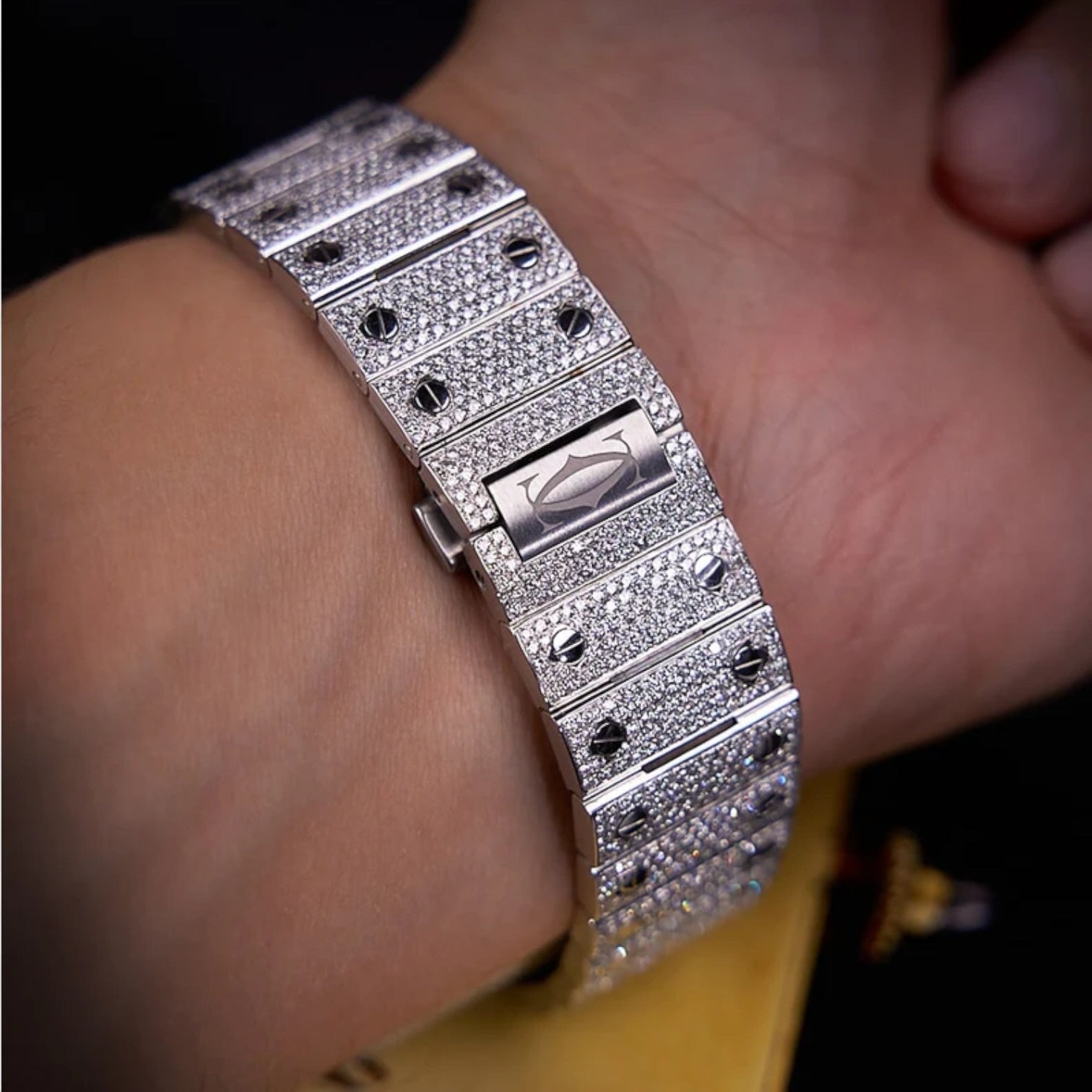 Santos Large – Steel – Custom Diamond-Set with Green Dial Iced Out