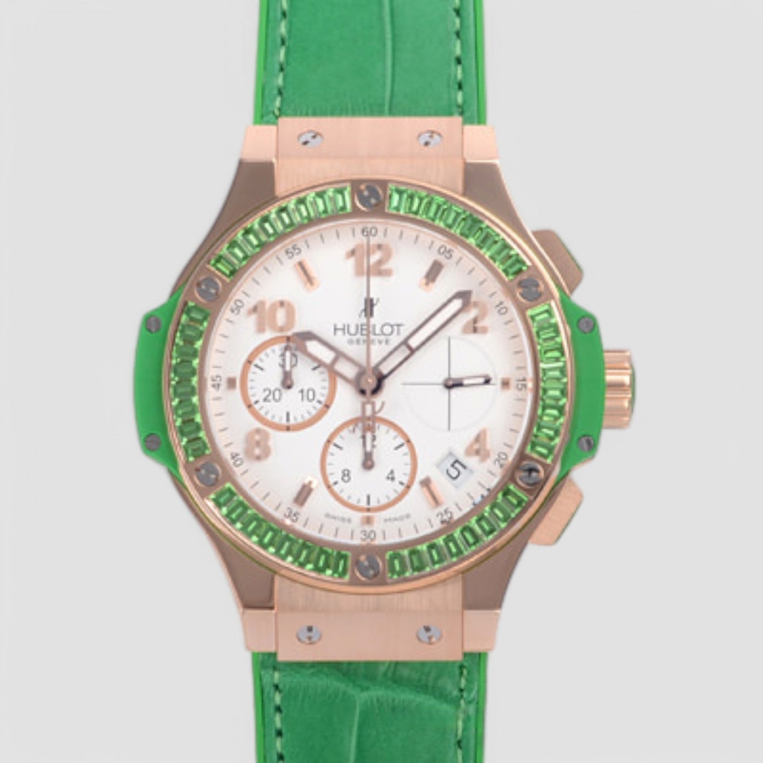 Tutti Frutti Rose Gold White Arabic Dial Tsavorite Bezel & Green Leather 41mm