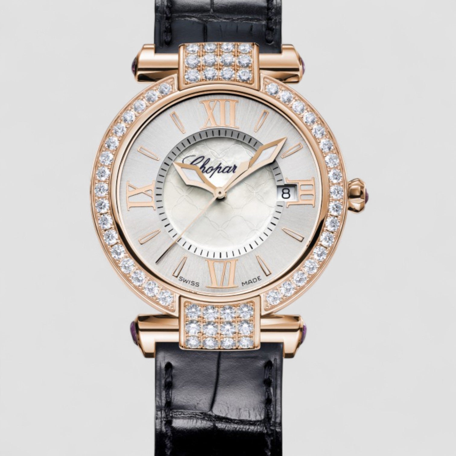 Imperiale Diamond Mother of Pearl Dial 18 kt Rose Gold Black Leather Ladies Watch