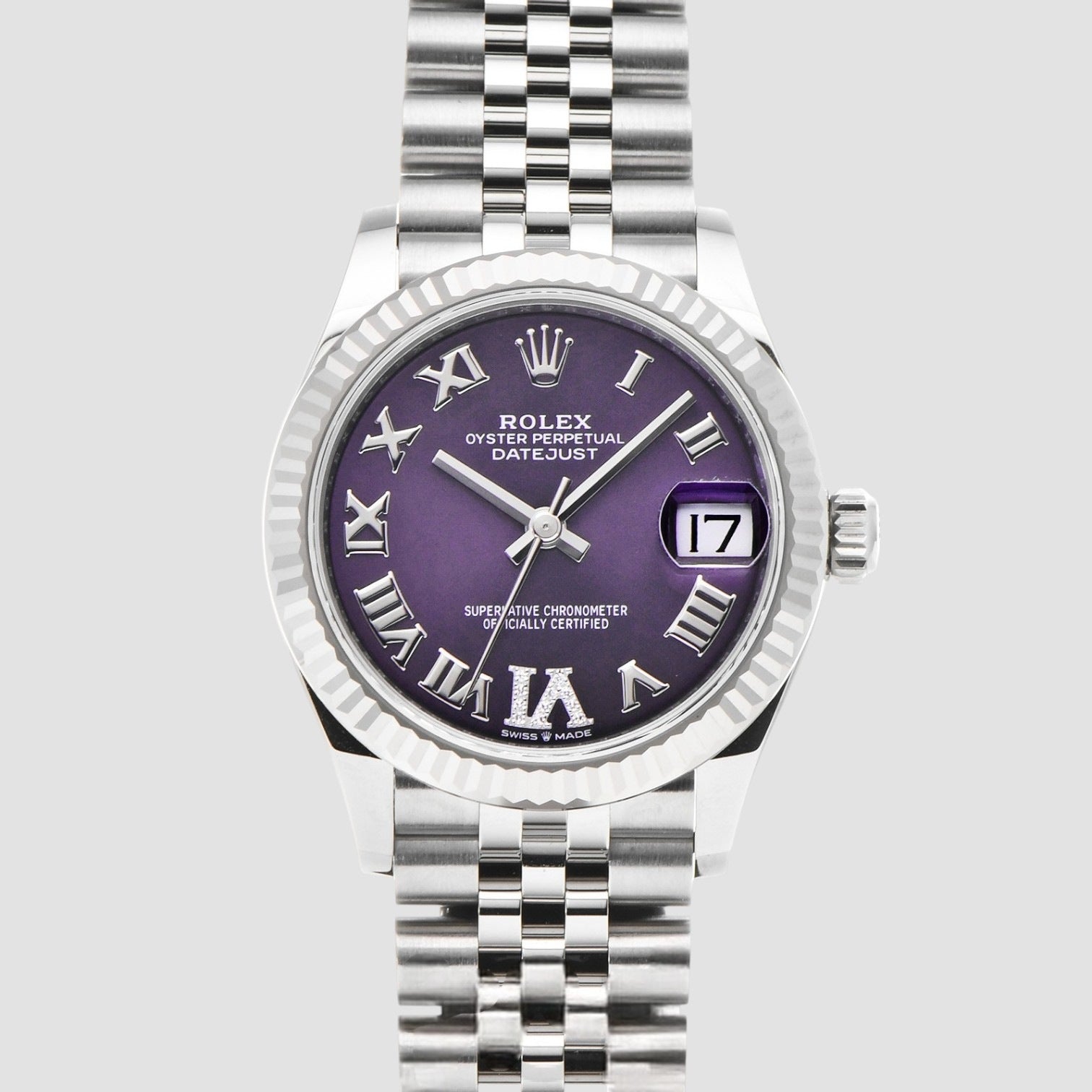 Datejust 31 Stainless Steel and White Gold Aubergine Roman Diamond Dial Women's Watch