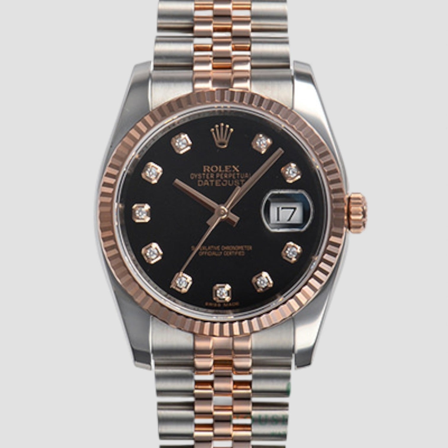 Datejust 36 Steel Rose Gold Black Diamond Dial Mens Watch