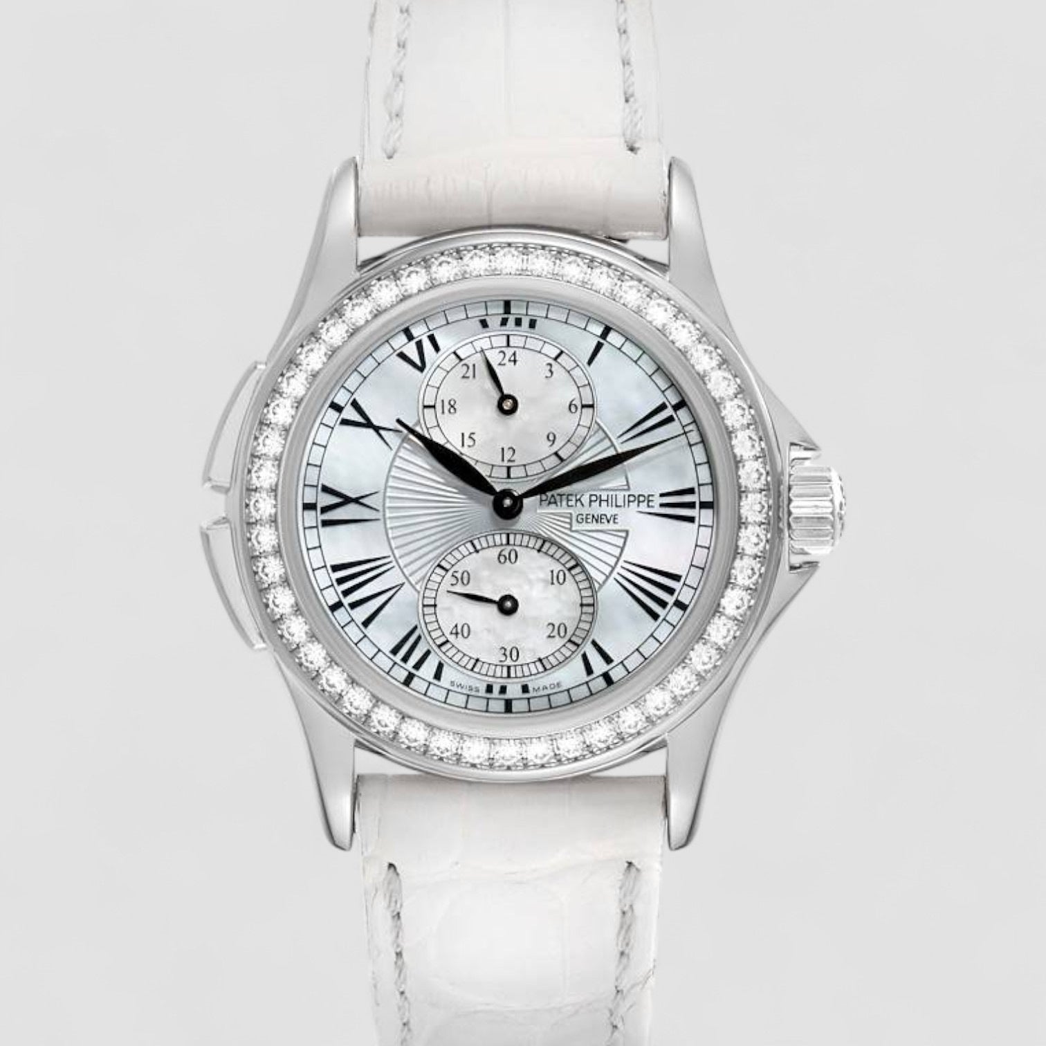 Calatrava Travel Time White Gold Mother of Pearl Diamond Ladies Watch