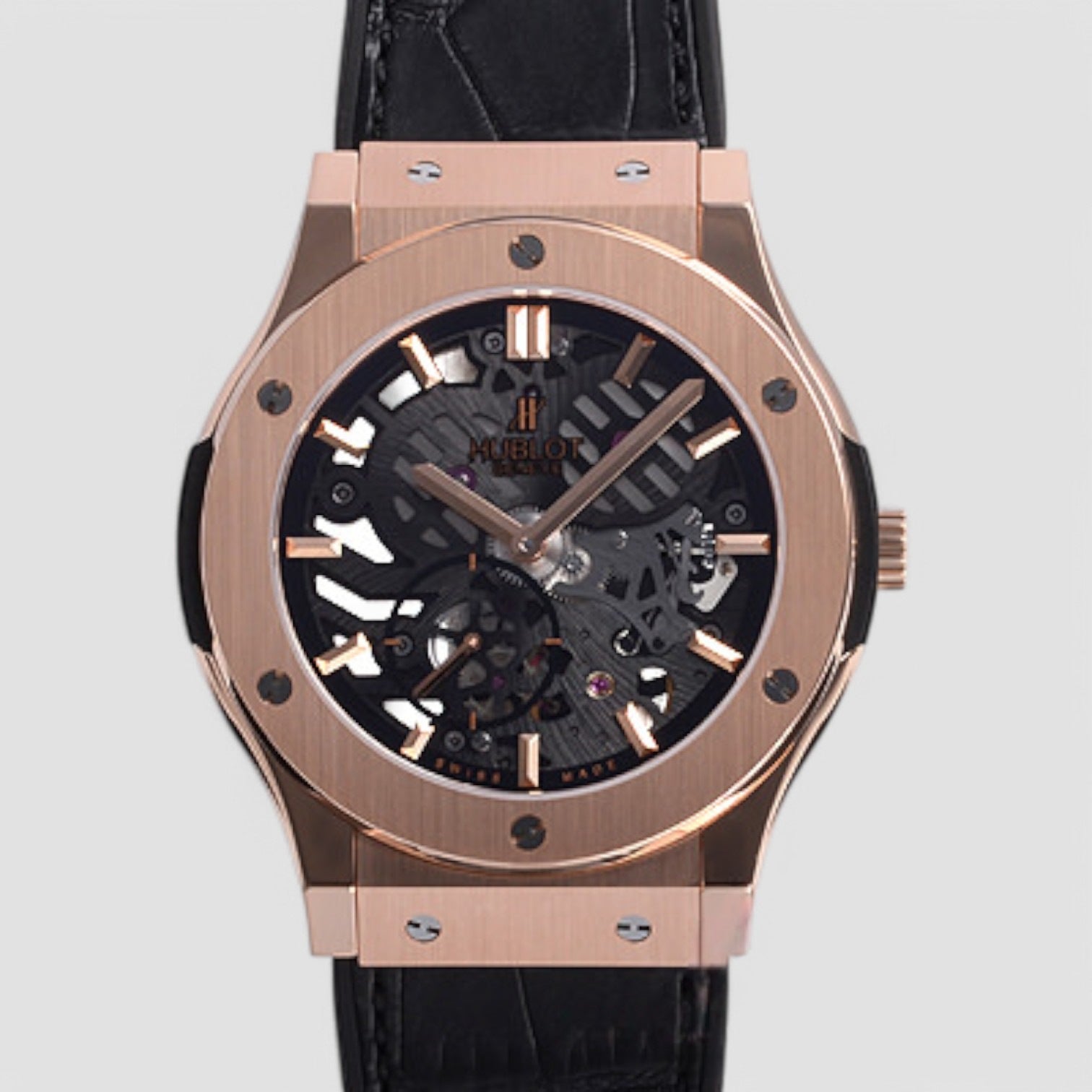 Classic Fusion 18kt Rose Gold Hand Wind Skeleton Dial Black Leather Men's Watch