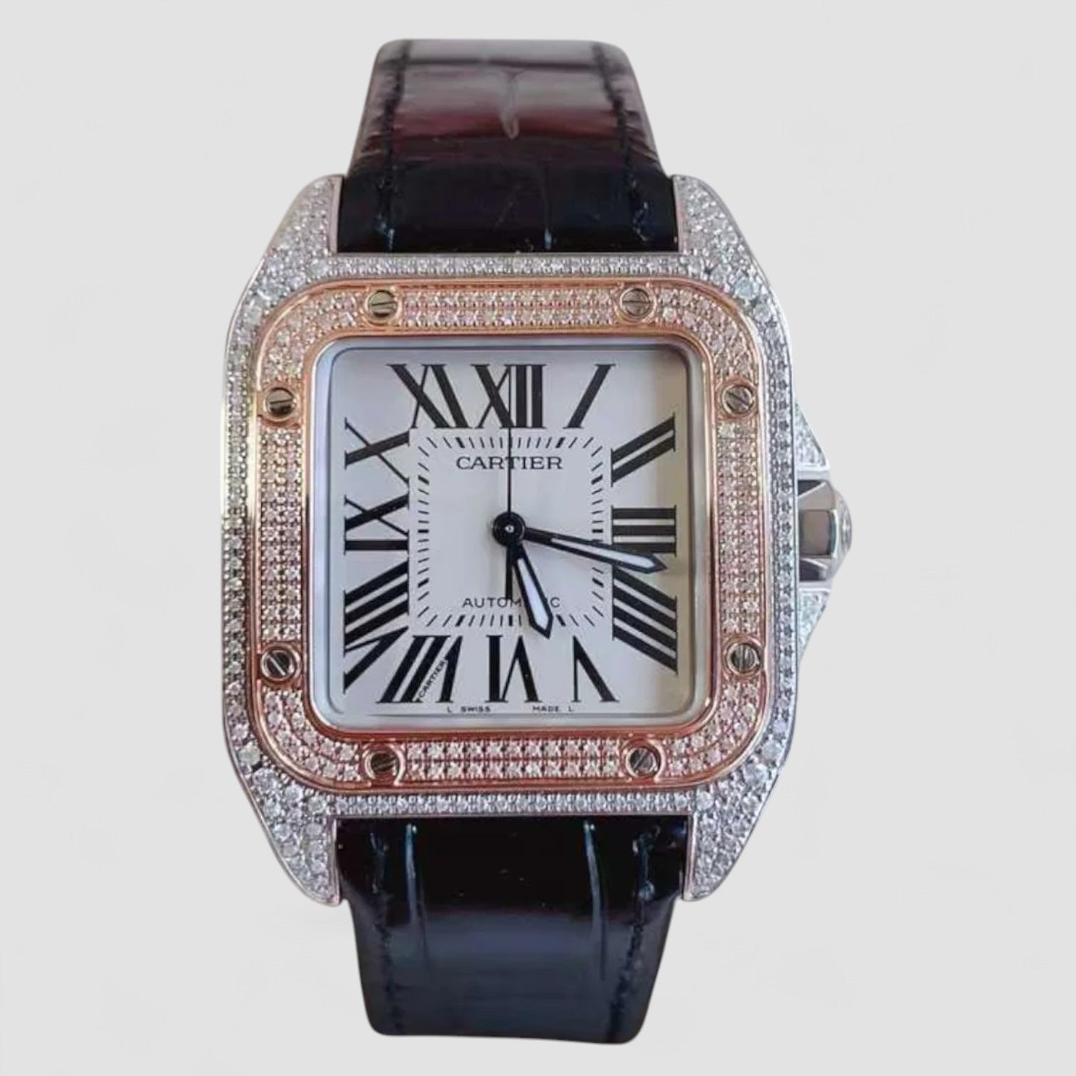 Santos 100 18kt Rose Gold and Steel Midsize Iced Out Custom Diamonds