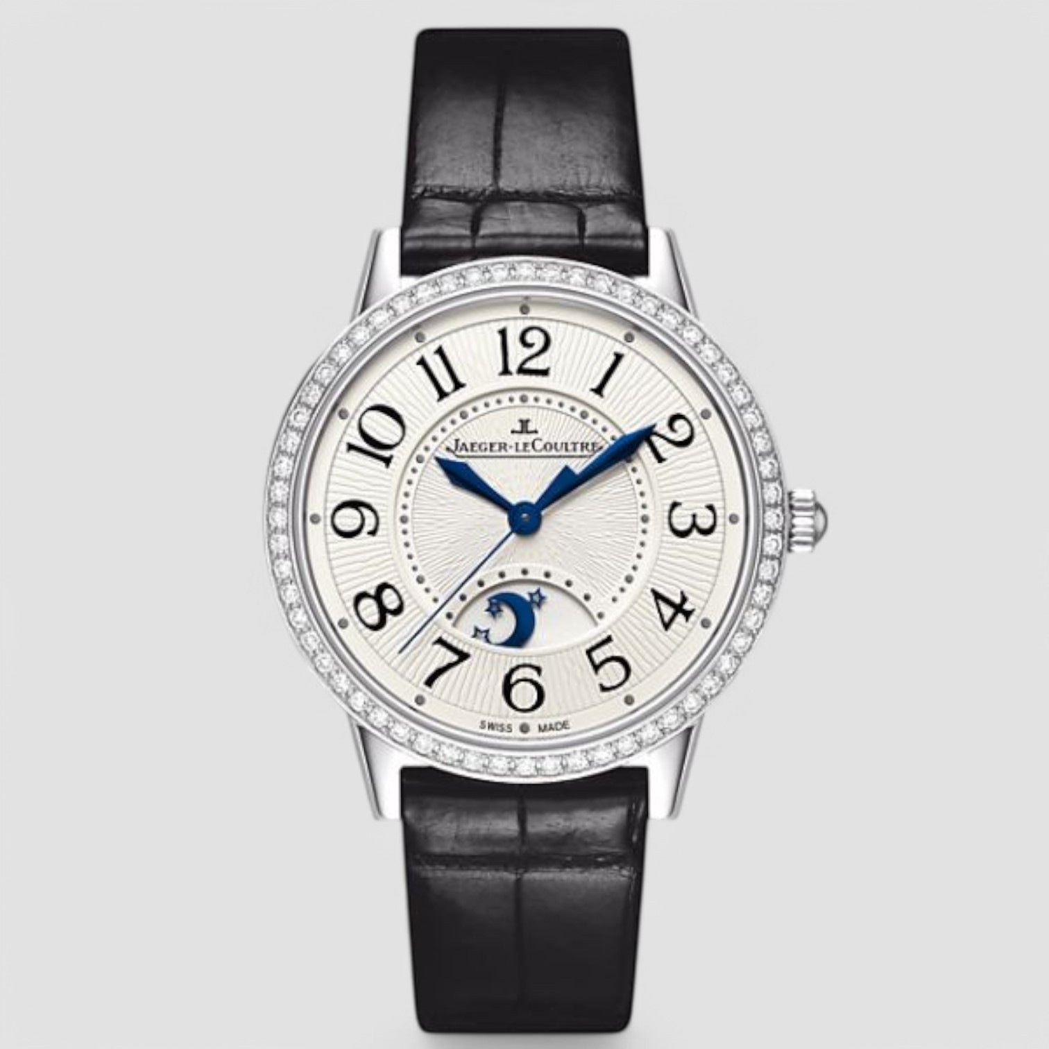 Rendez-vous Day and Night Silver Dial Stainless Steel Diamond Black Leather Ladies Watch