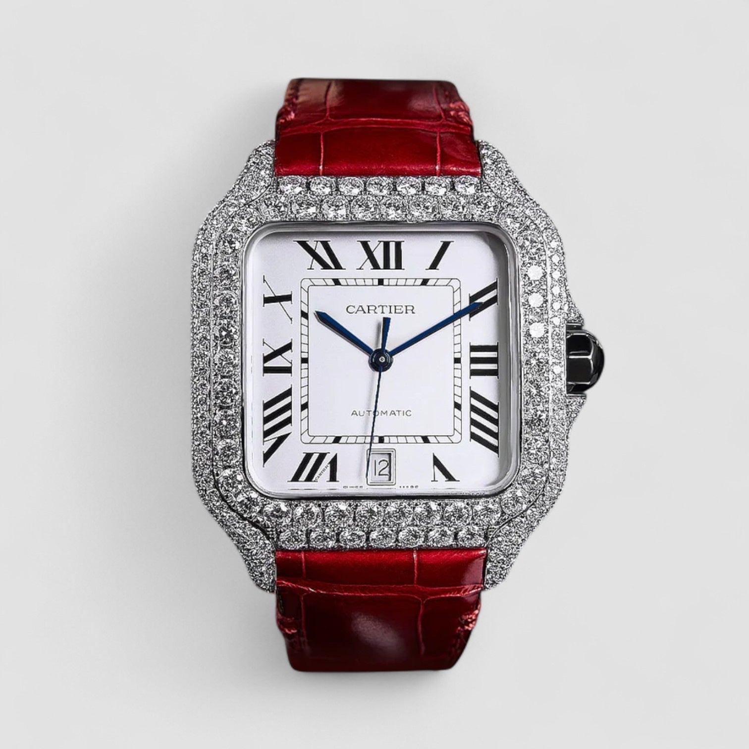 Santos Large – Steel – Custom Diamond-Set with Red Alligator Bracelet Iced Out