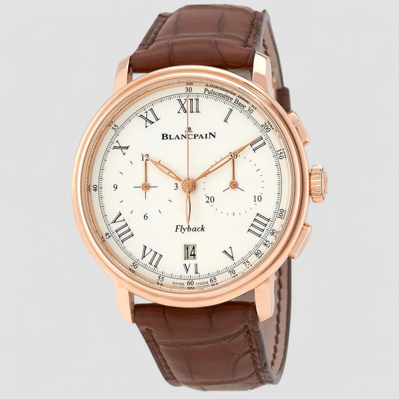 18kt Rose Gold Chronograph Flyback Pulsometre White Dial Brown Leather Men's Watch