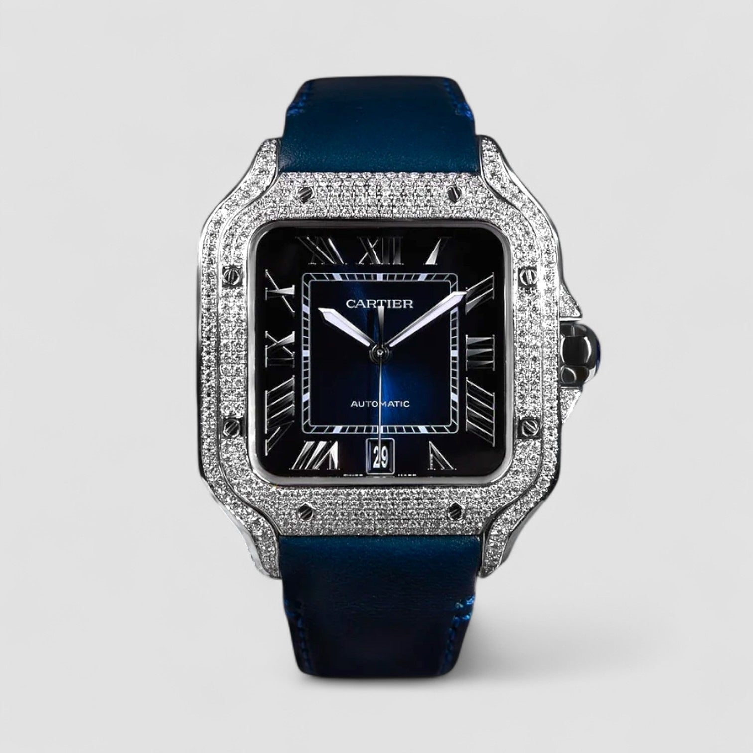 Santos De Cartier Iced Out Diamond – Roman Blue Dial