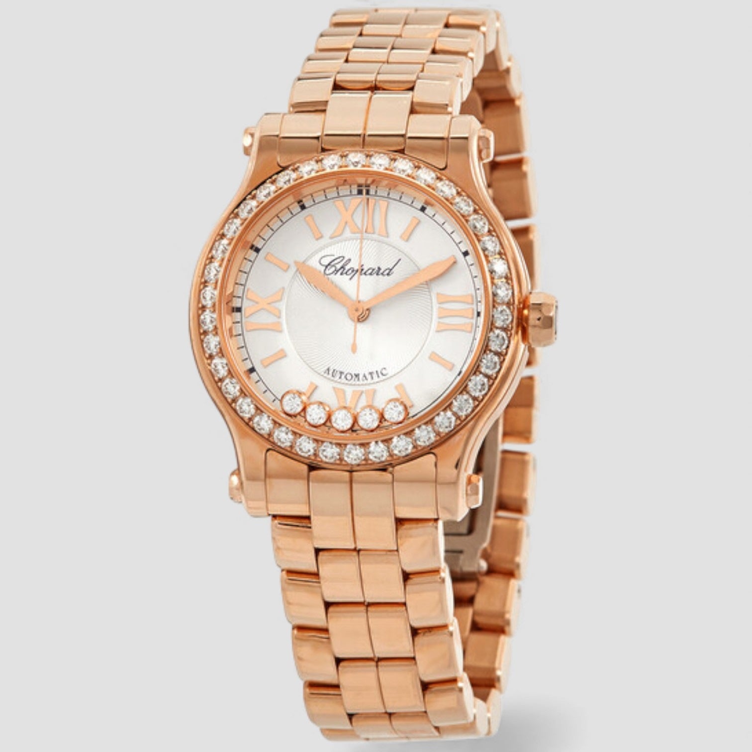 Happy Sport Silver Dial 18 Carat Rose Gold Ladies Watch