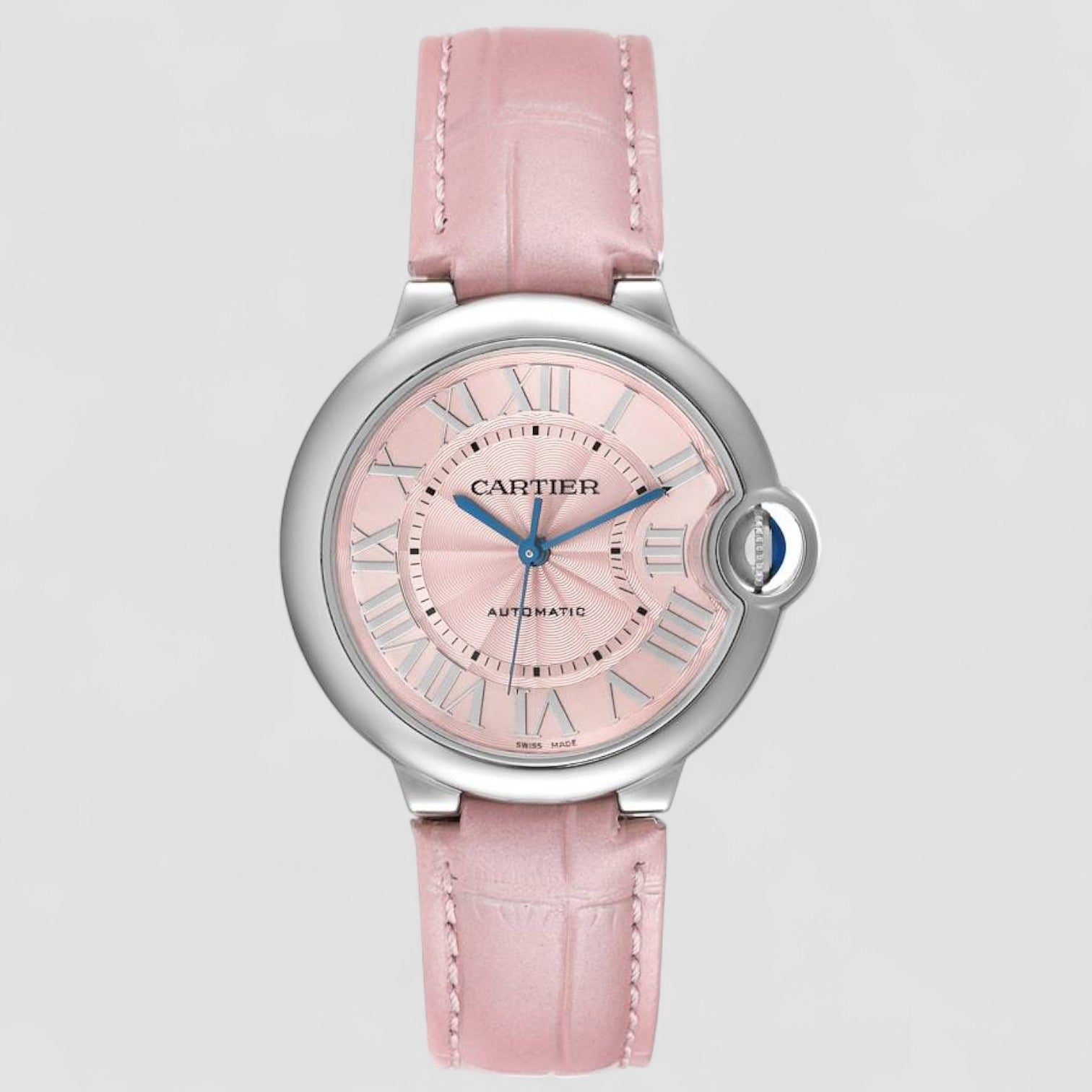 Ballon Bleu Pink Dial Leather Strap Steel Ladies Watch