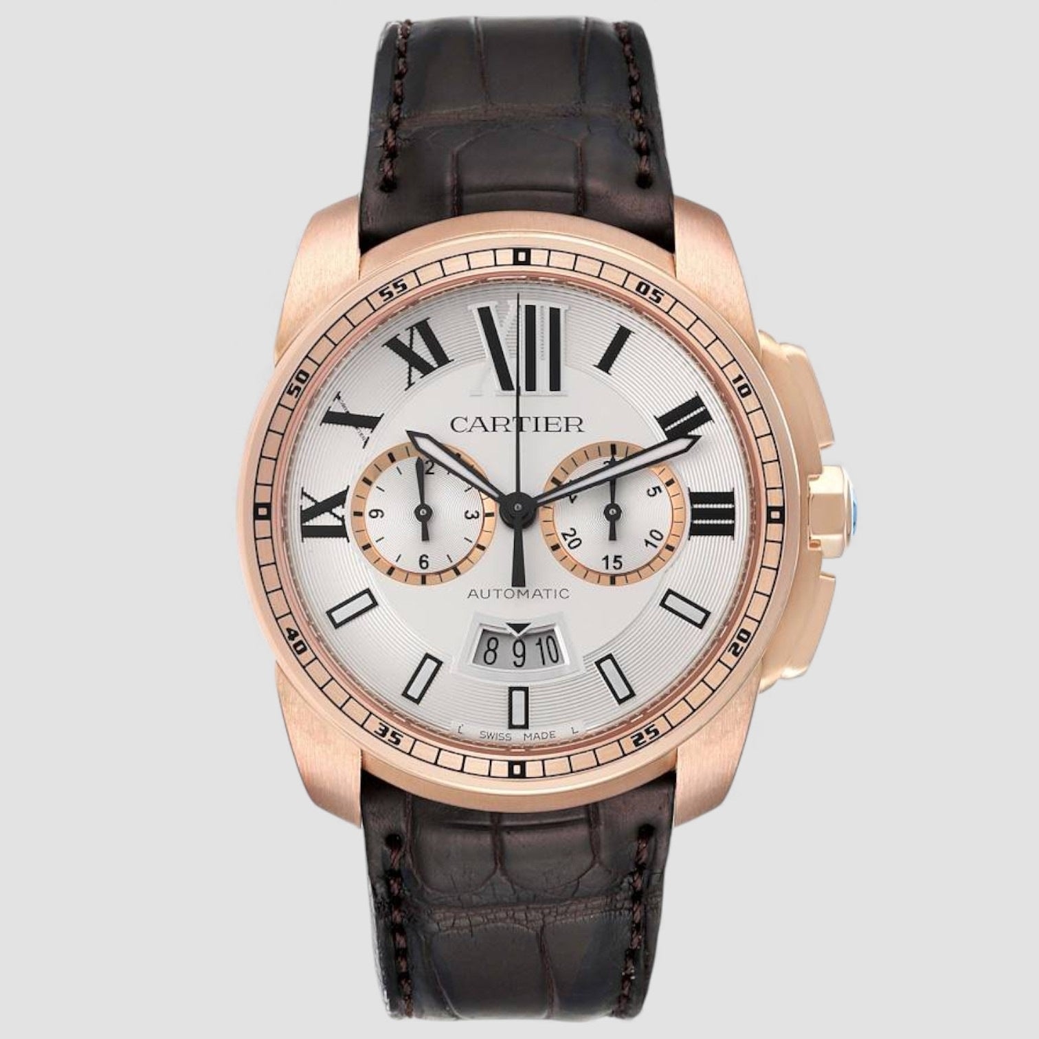 Calibre Silver Dial Rose Gold Chronograph Mens Watch