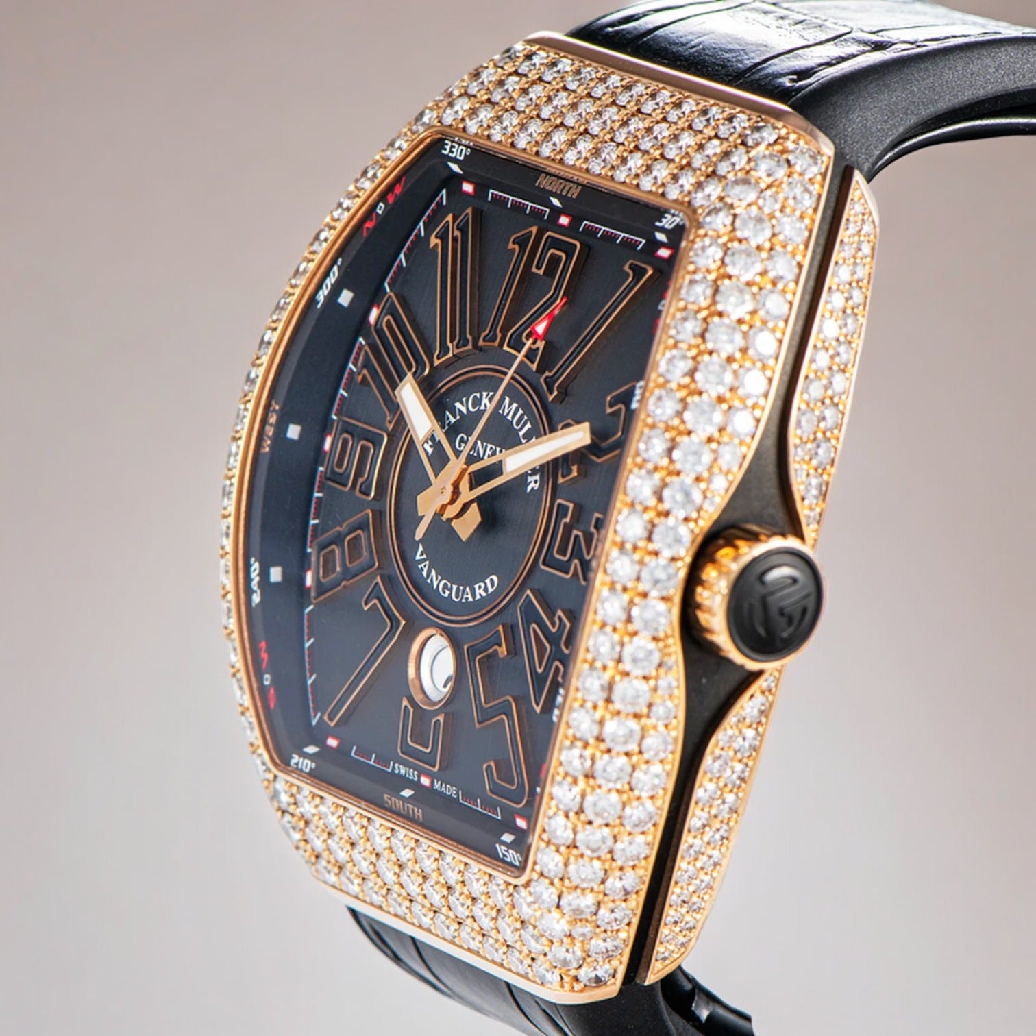 Vanguard 18k Yellow Gold Black Dial w/aftermarket Diamonds Ref: V45 SC DT