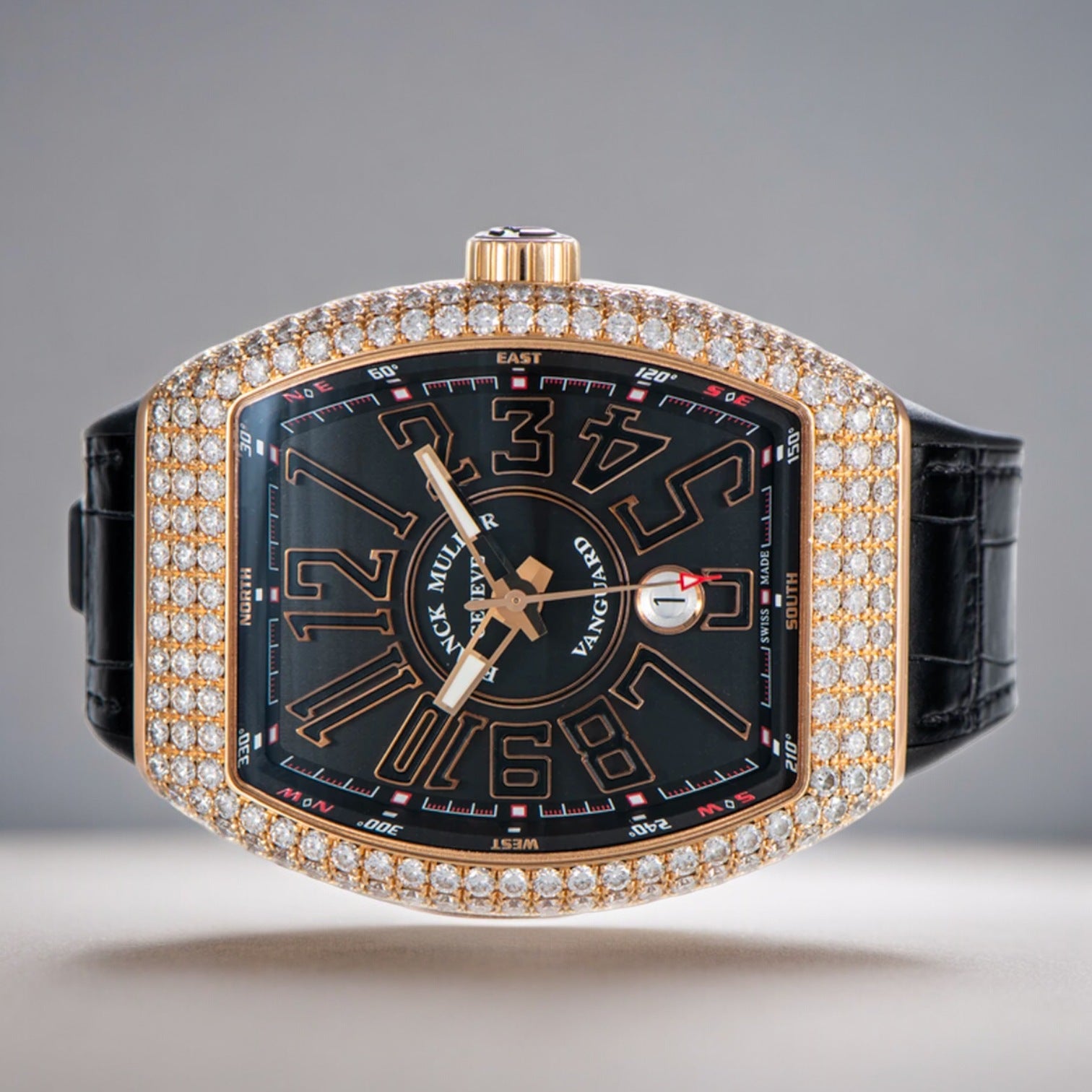 Vanguard 18k Yellow Gold Black Dial w/aftermarket Diamonds Ref: V45 SC DT