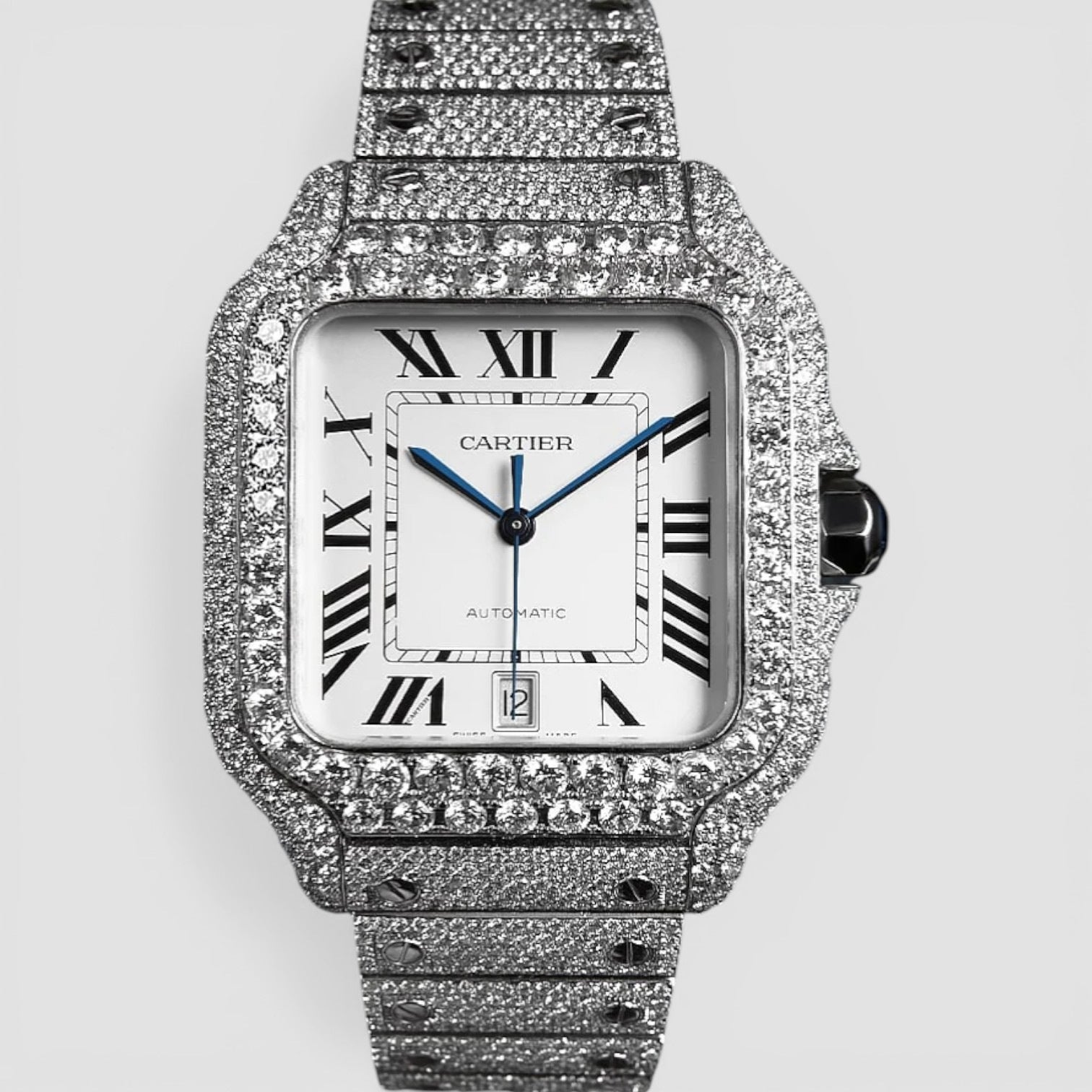 Cartier Santos Steel Diamond-Set with White Roman Dial Blue Swords