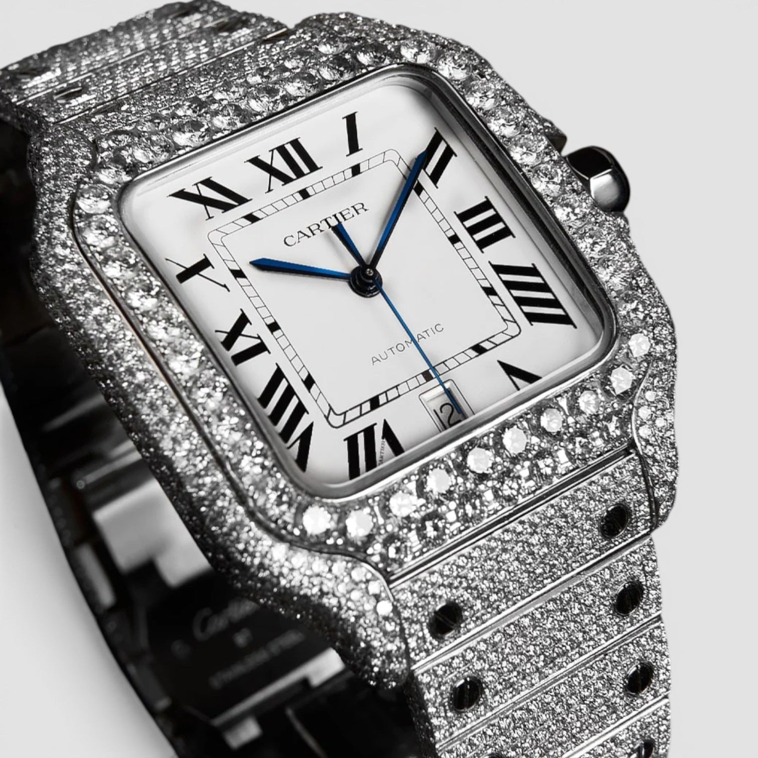 Cartier Santos Steel Diamond-Set with White Roman Dial Blue Swords