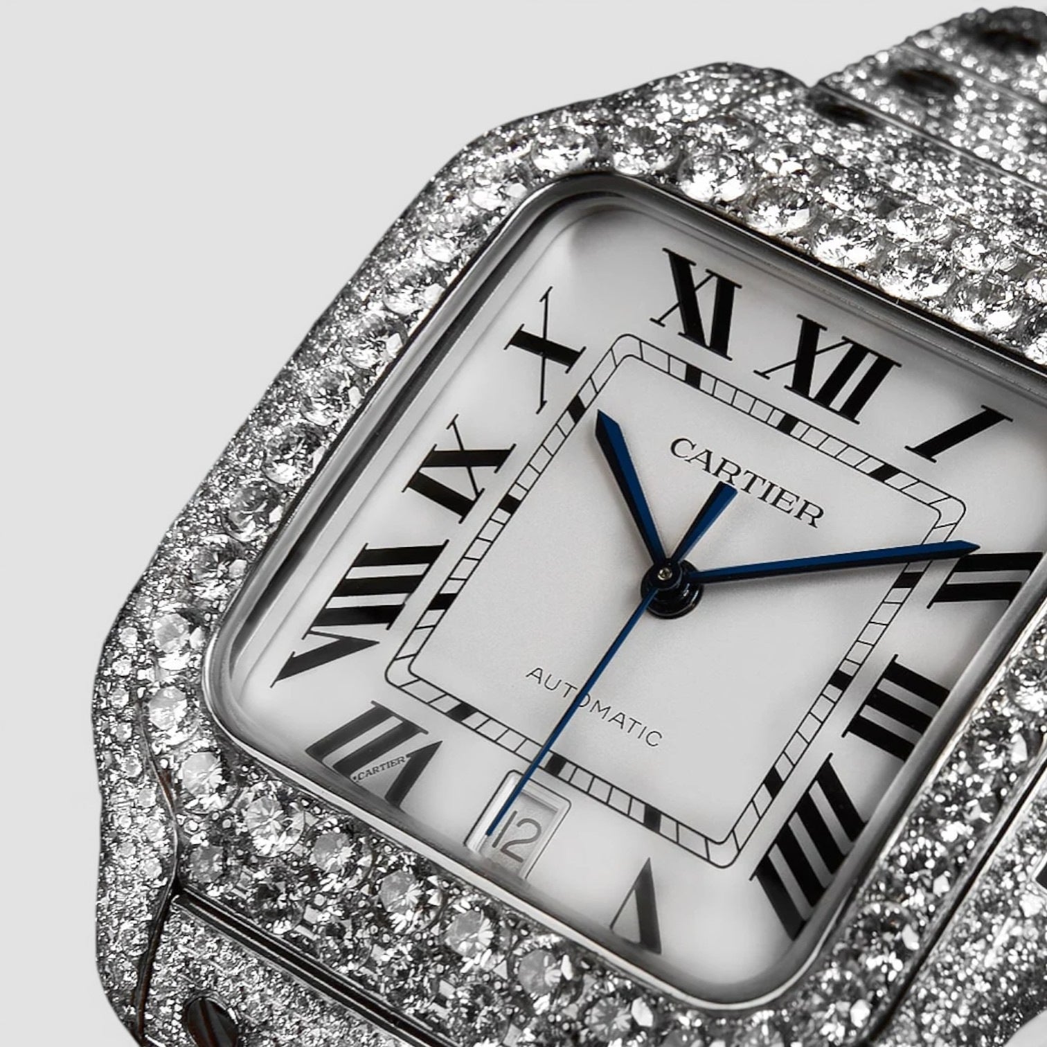 Cartier Santos Steel Diamond-Set with White Roman Dial Blue Swords