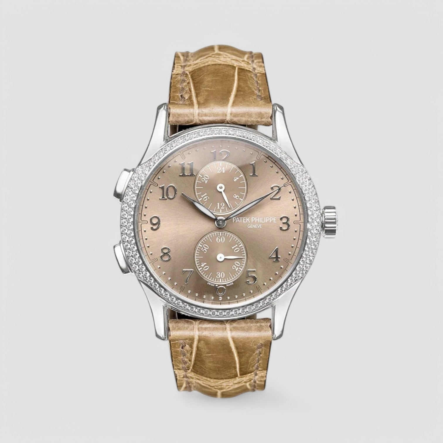 Calatrava Travel Time 18k White Gold Diamond Bezel