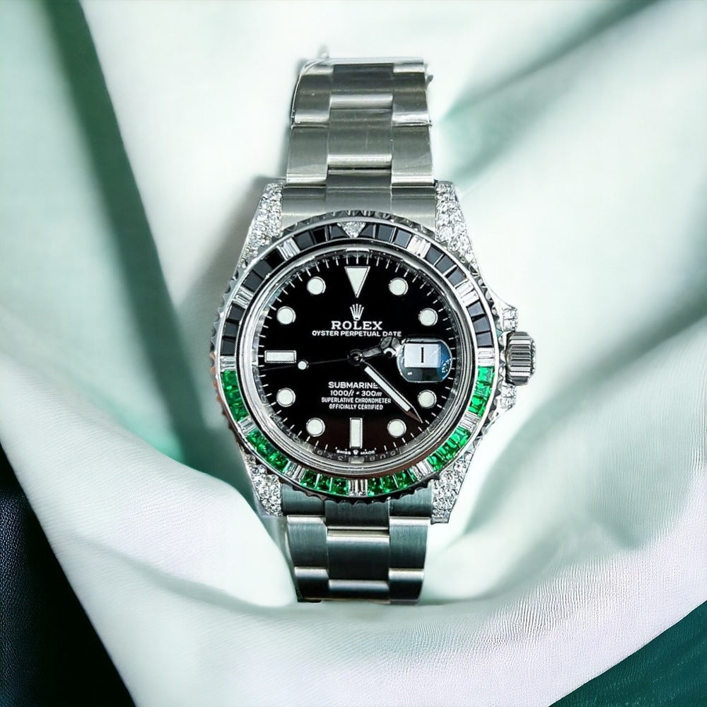 Submariner Date – 41 mm – Custom Diamond Set – green & black onyx gems - Ice Out