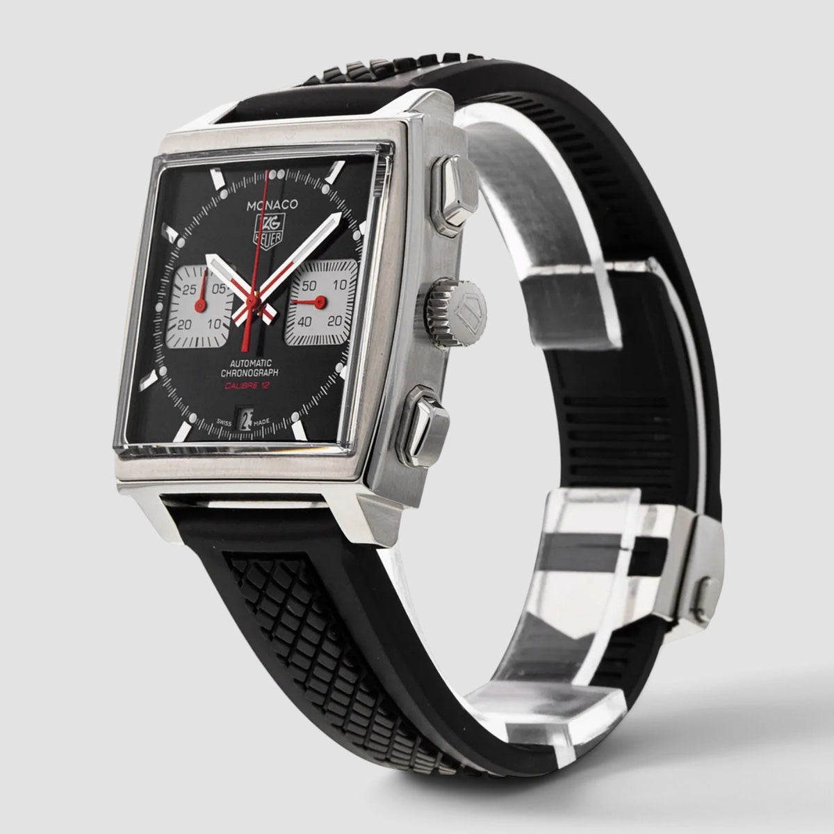 Monaco Calibre 12 Black Dial Red Accents Chronograph