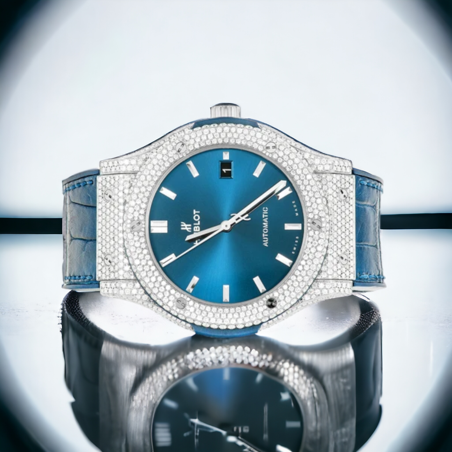 Hublot – Classic Fusion – 42 mm – Titanium – Blue Dial – Custom Pavé Diamond-Set Iced Out