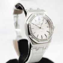 Royal Oak 37mm in Steel with Diamond Bezel on White Leather Strap with Silver Dial